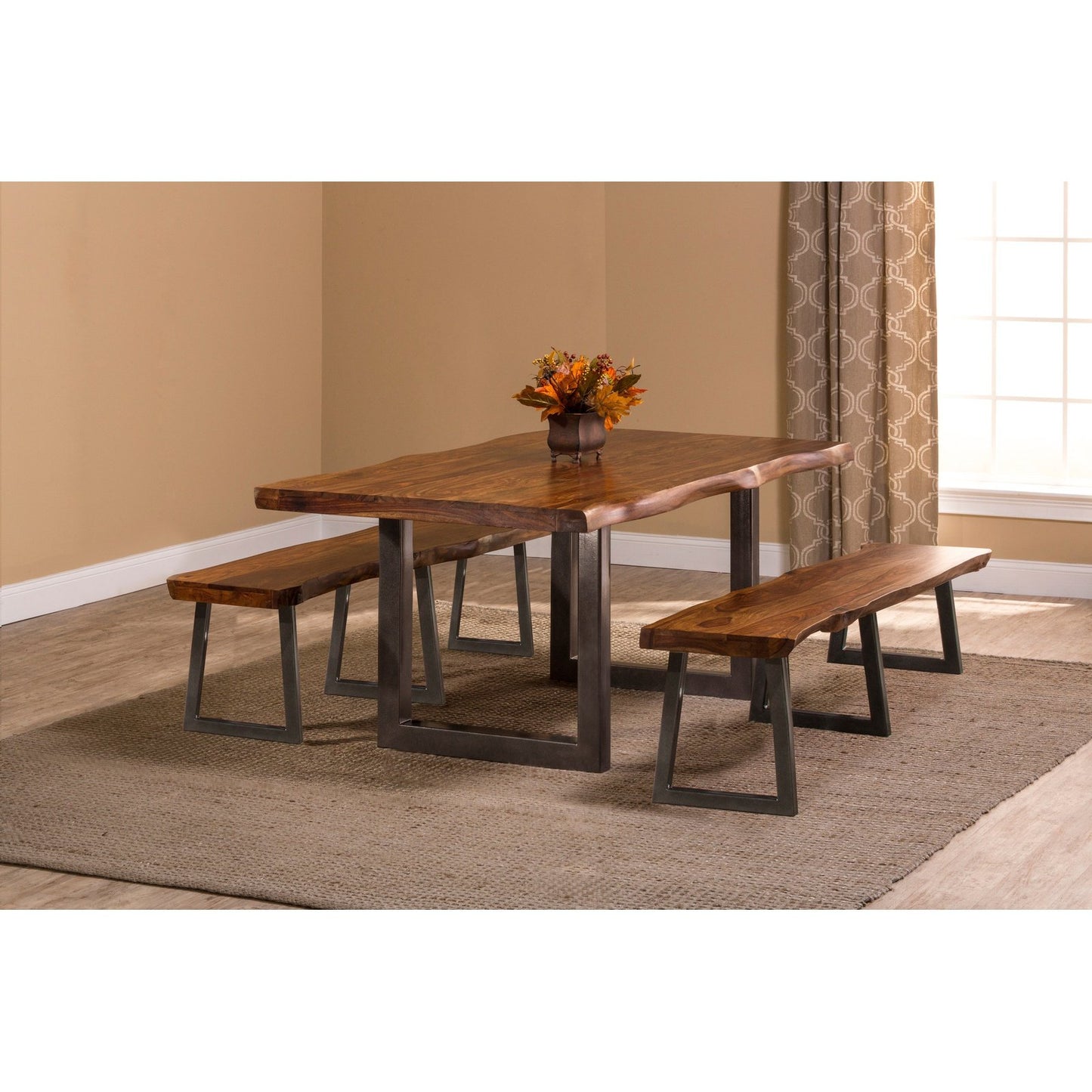 Hillsdale Furniture Emerson Wood 3  Piece Rectangle Dining Set with Two Benches, Natural Sheesham