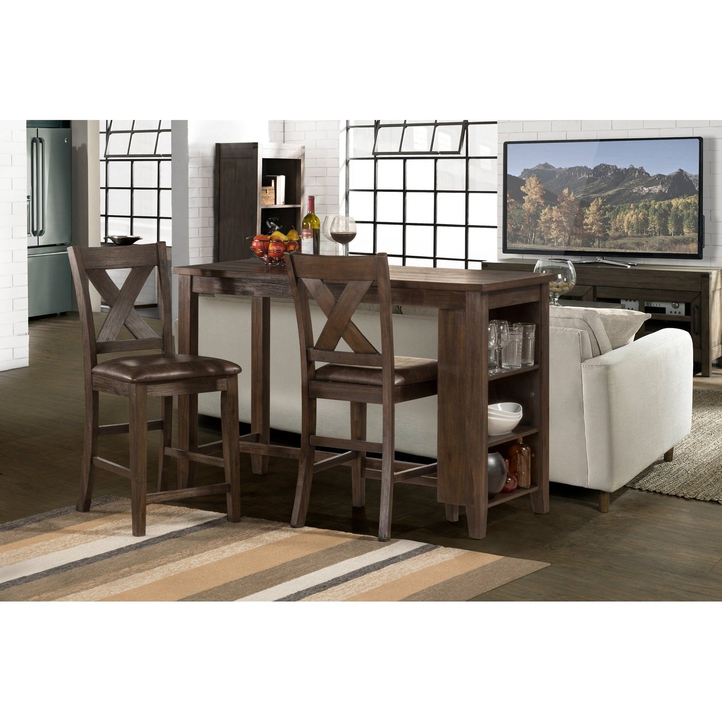 Hillsdale Furniture Spencer Wood 3 Piece Counter Height Dining with X Back Stools, Dark Espresso Wire Brush