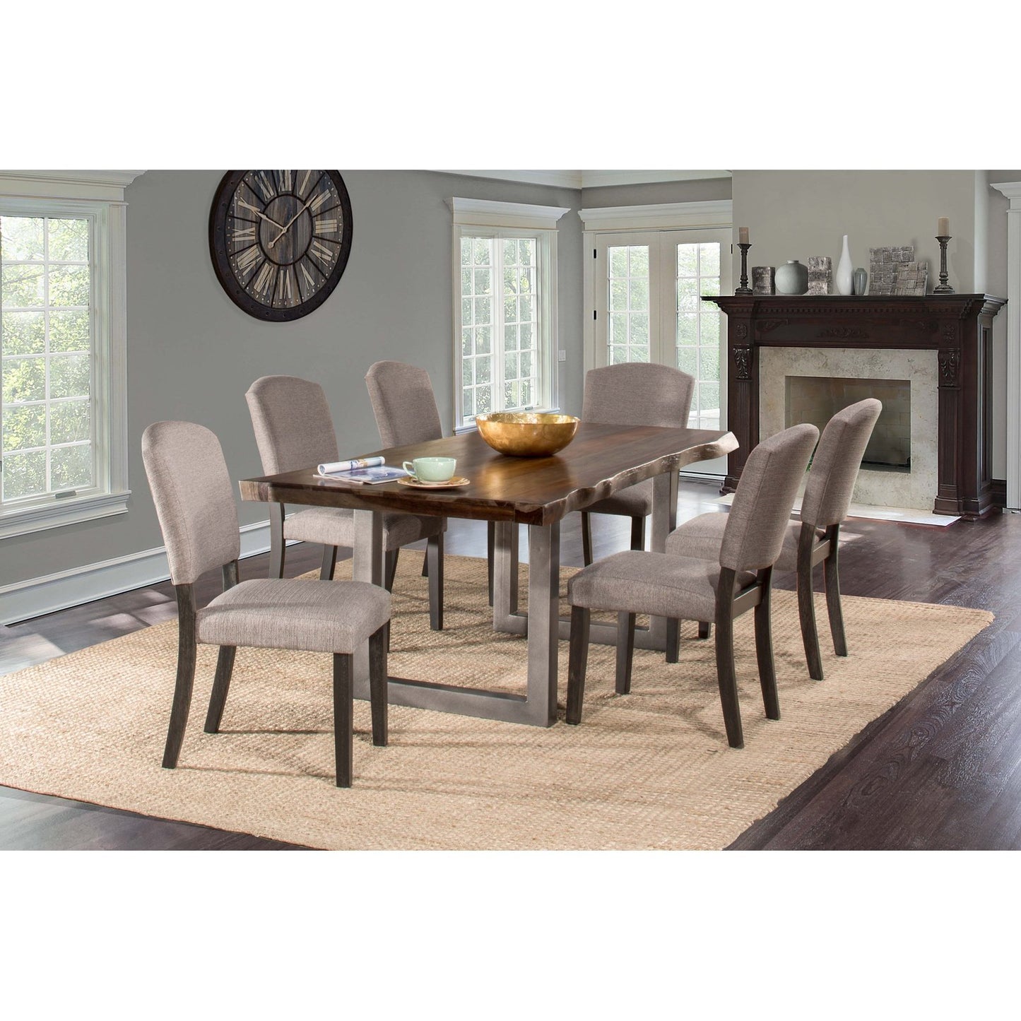 Hillsdale Furniture Emerson Wood 7 Piece Rectangle Dining Set with Upholstered Dining Chairs, Gray Sheesham