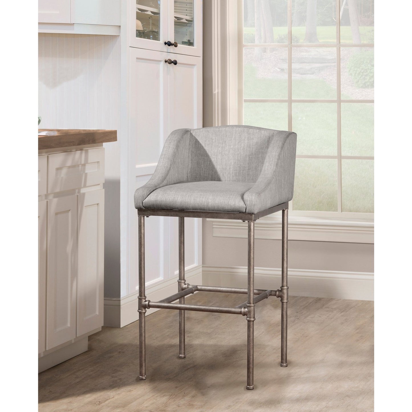 Hillsdale Furniture Dillon Metal Bar Height Stool, Textured Silver with Light Gray Fabric