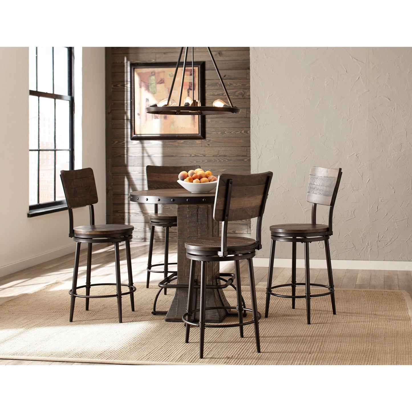 Hillsdale Furniture Jennings Metal 5 Piece Round Counter Height Dining with Panel Back Swivel Stools, Distressed Walnut