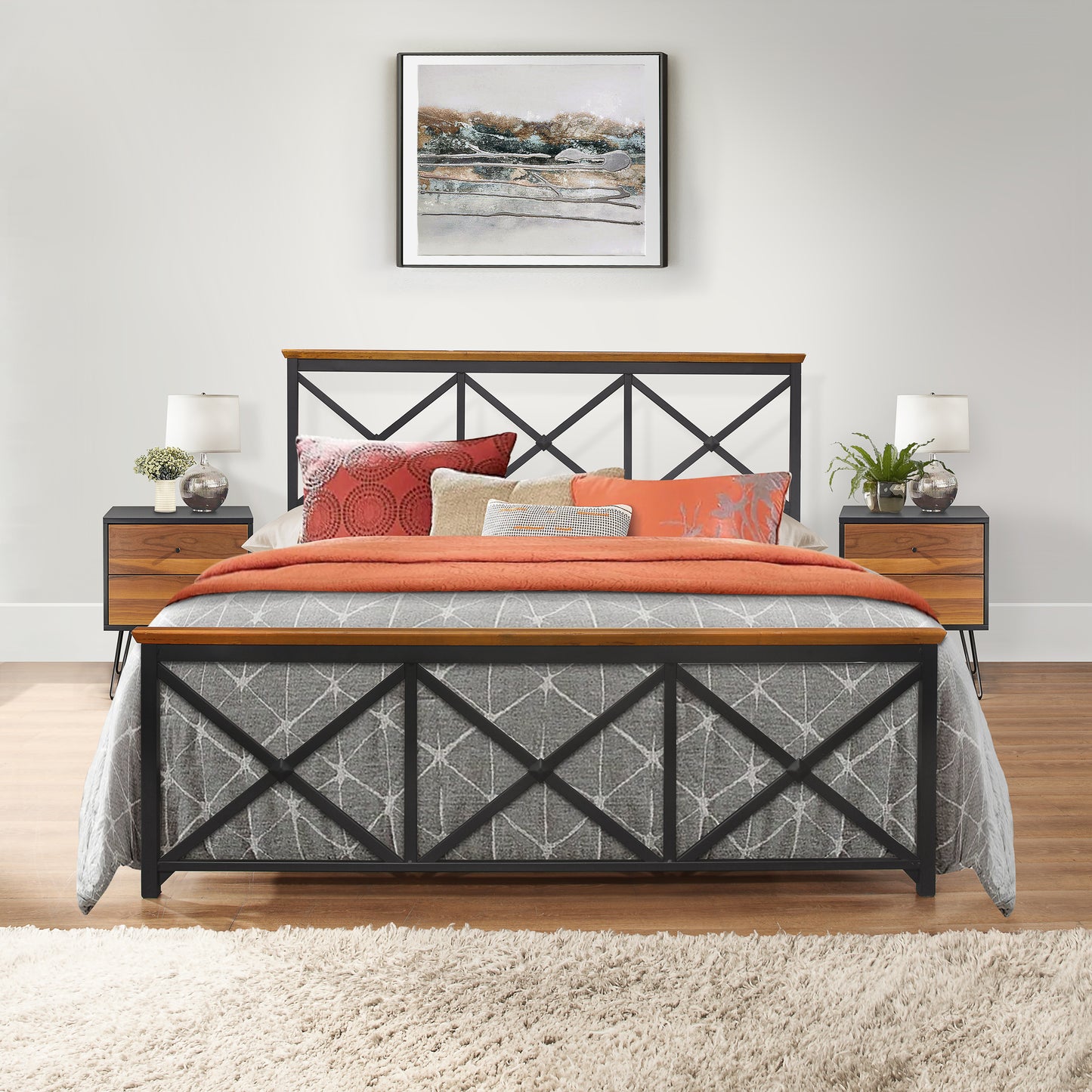 Hillsdale Furniture Ashford Metal Queen Bed with Wood Posts, Textured Black with Oak Finished Wood