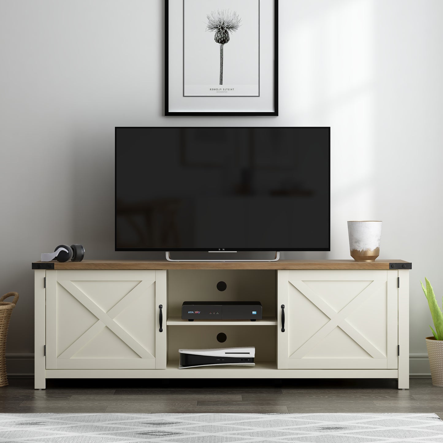 Living Essentials by Hillsdale Latvia Gaming Ready Wood 70 inch TV Stand with "X" Back Doors and Shelves, White with Knotty Oak Top