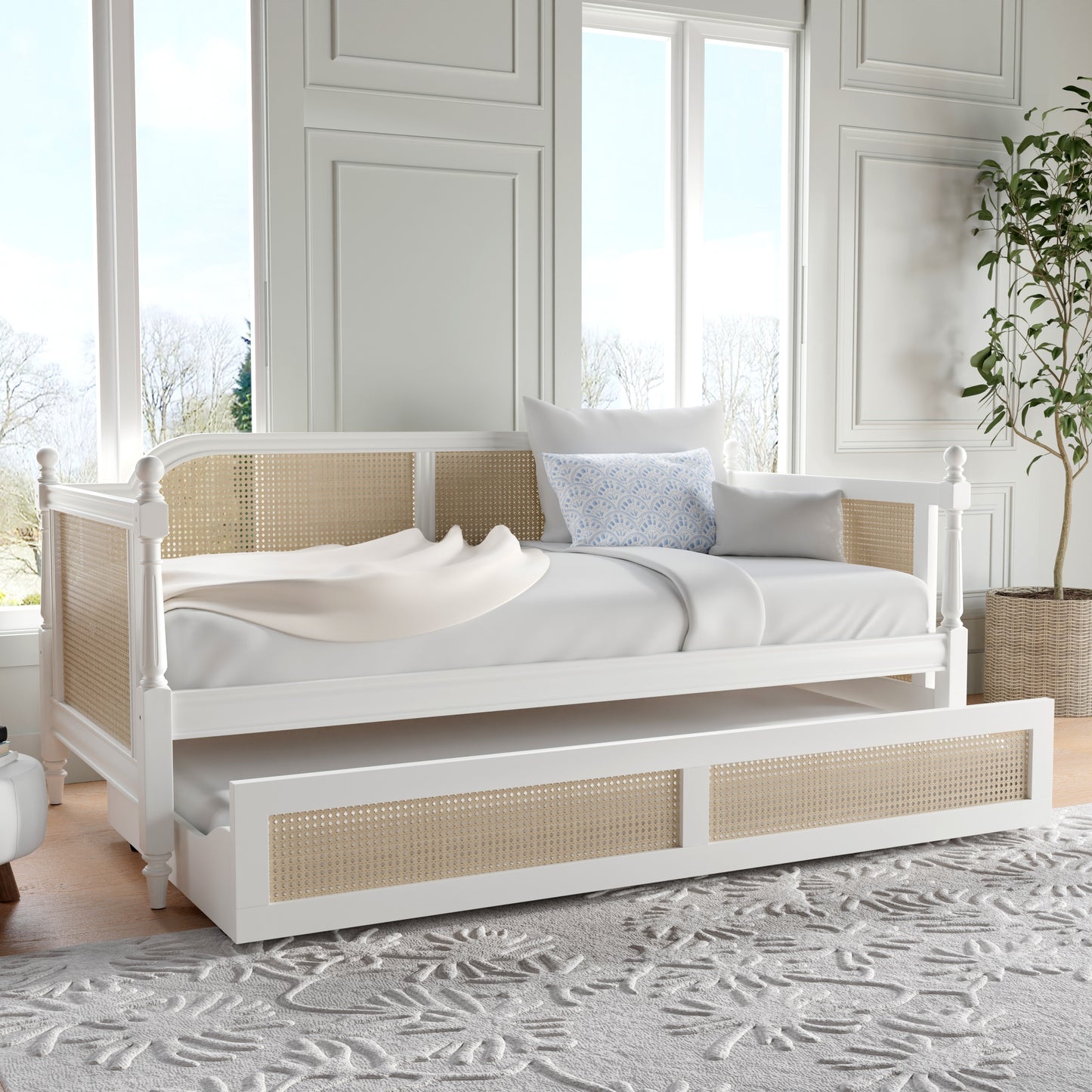 Hillsdale Furniture Melanie Wood and Cane Twin Daybed with Trundle, White