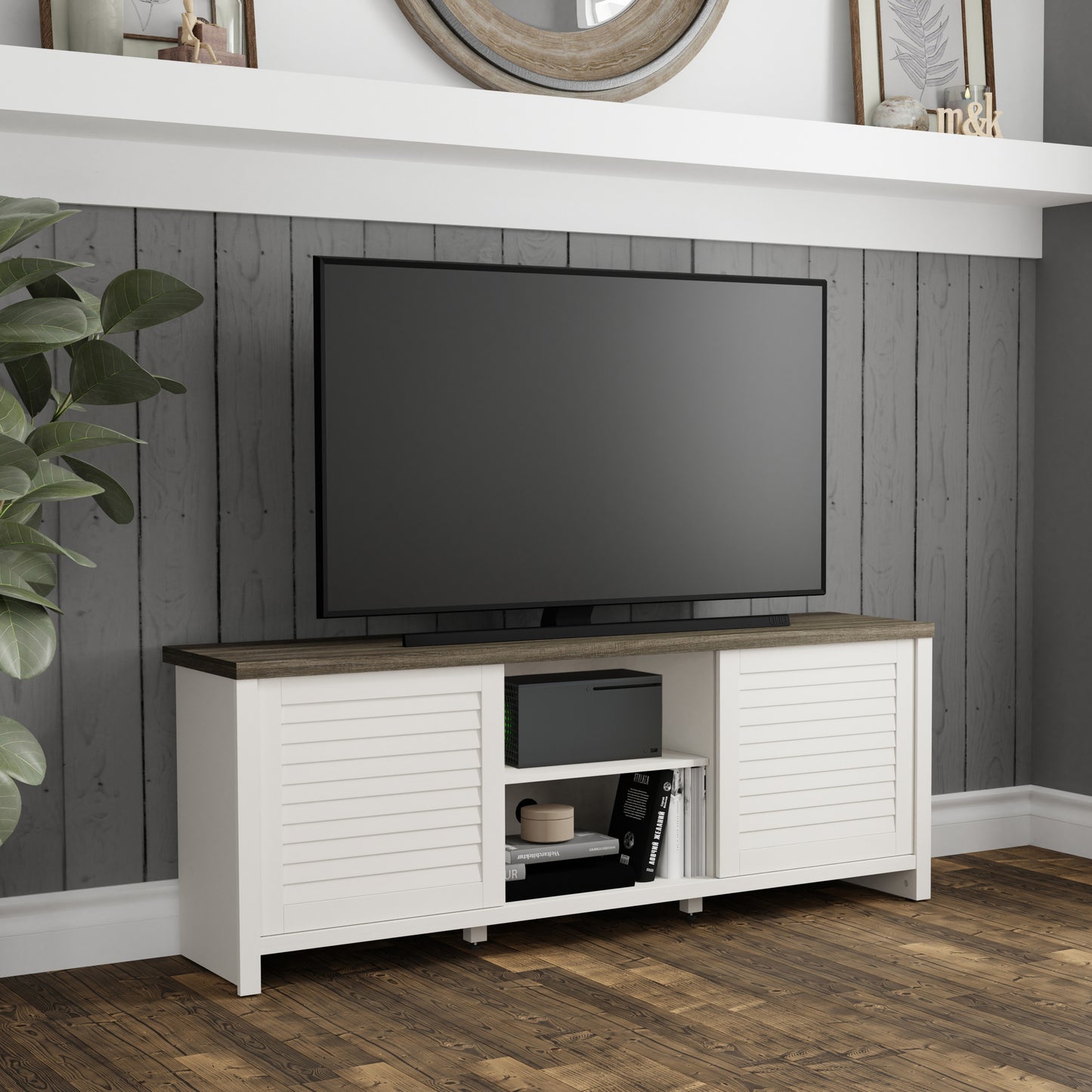 Living Essentials by Hillsdale Handerson 64 Inch Wood Entertainment Console, White with Dark Oak Finish Top