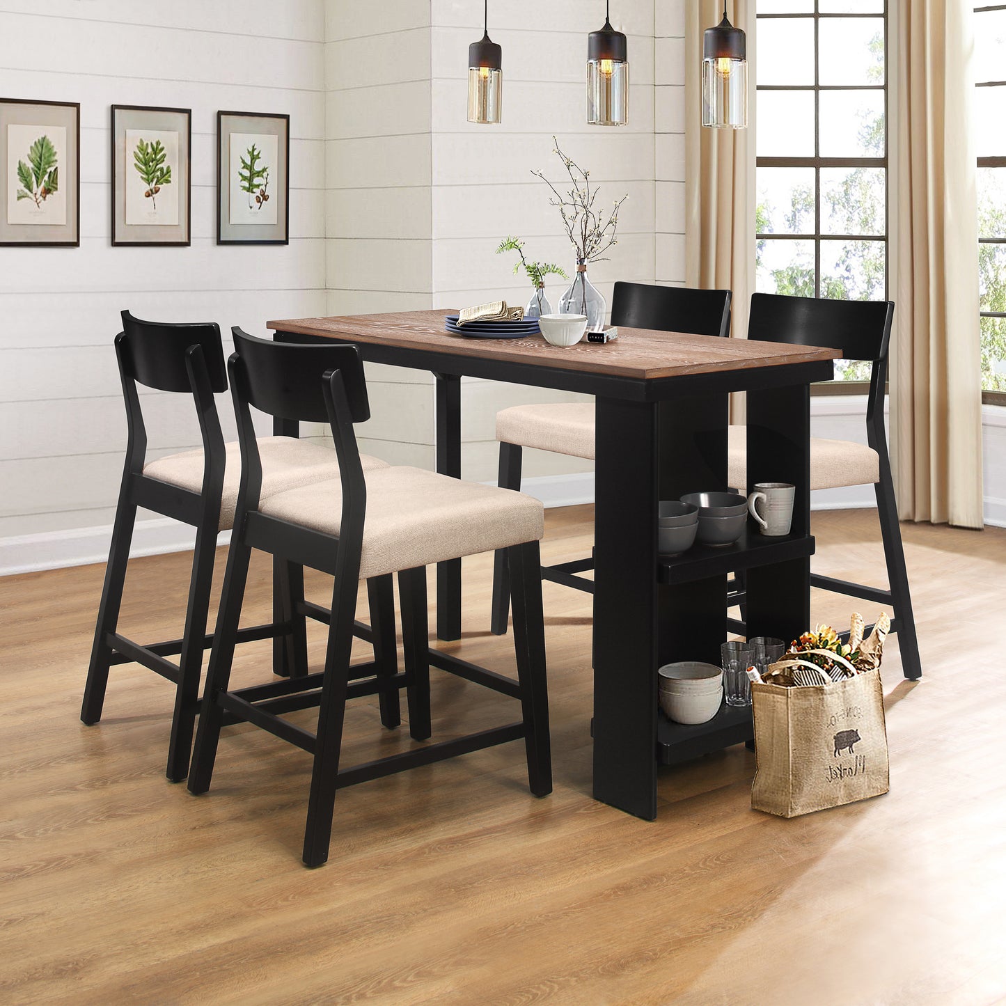 Hillsdale Furniture Knolle Park 5 Piece Wood Counter Height Dining Set, Black with Oak Wire Brush Finished Top