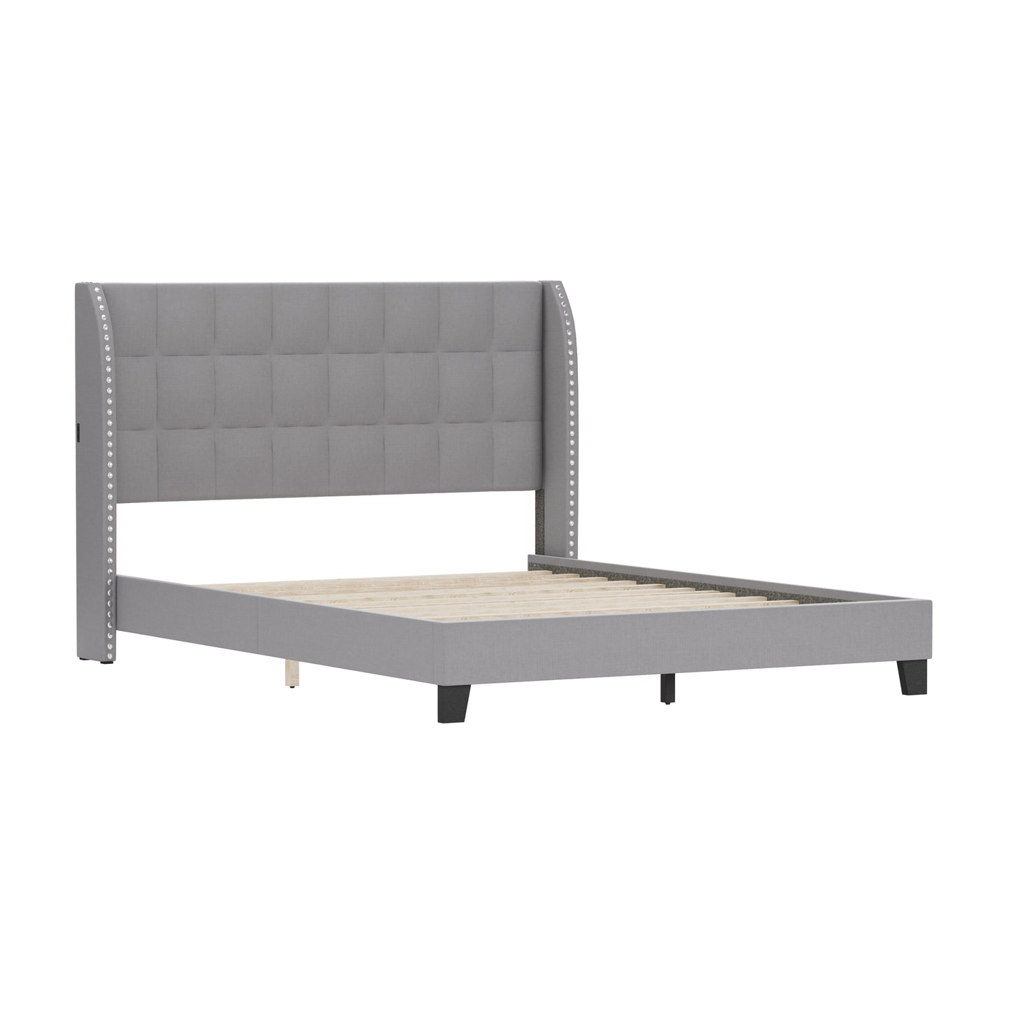 Hillsdale Furniture Buchanan Upholstered Tufted Queen Platform Bed with 2 Dual USB Ports, Smoke Gray Fabric