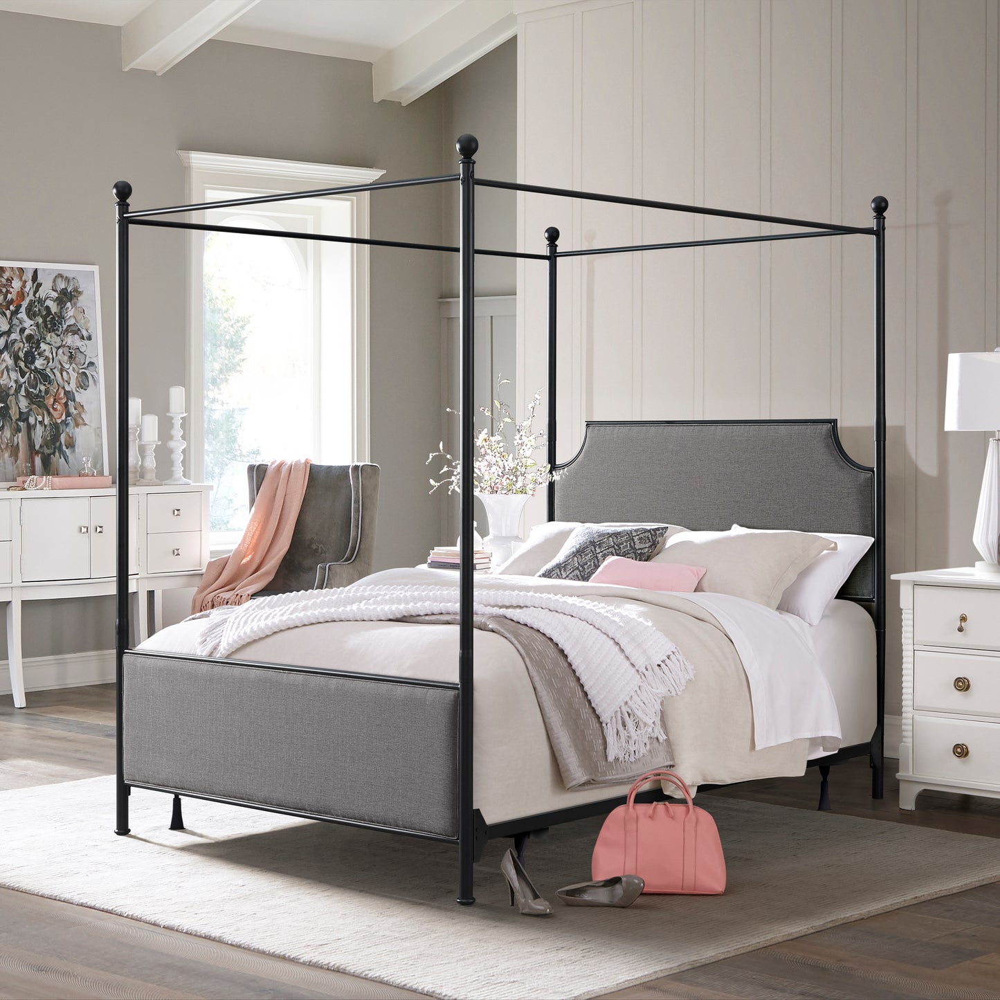 Hillsdale Furniture McArthur Queen Metal and Upholstered Canopy Bed, Matte Black with Gray Fabric