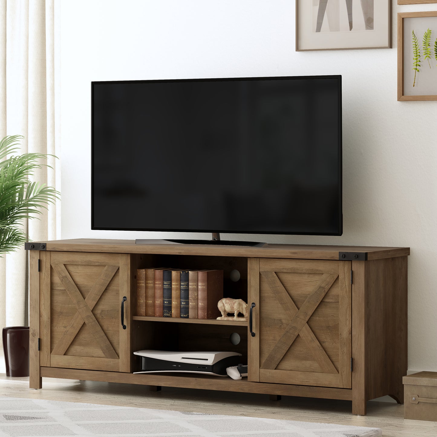 Living Essentials by Hillsdale Latvia Gaming Ready Wood 60 inch TV Stand with "X" Back Doors and Shelves, Knotty Oak