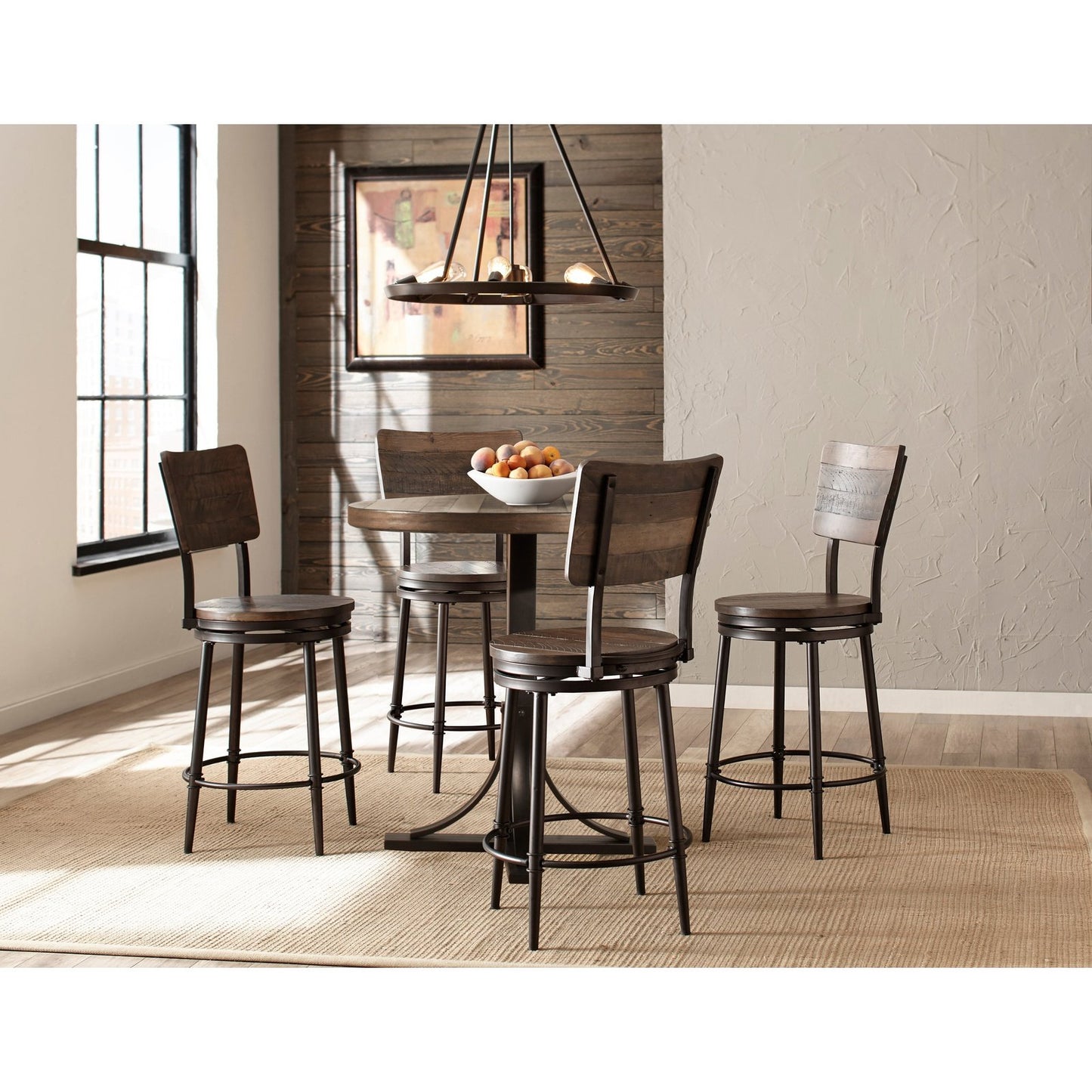 Hillsdale Furniture Jennings Wood 5 Piece Counter Height Dining Set with Panel Back Swivel Stools, Distressed Walnut