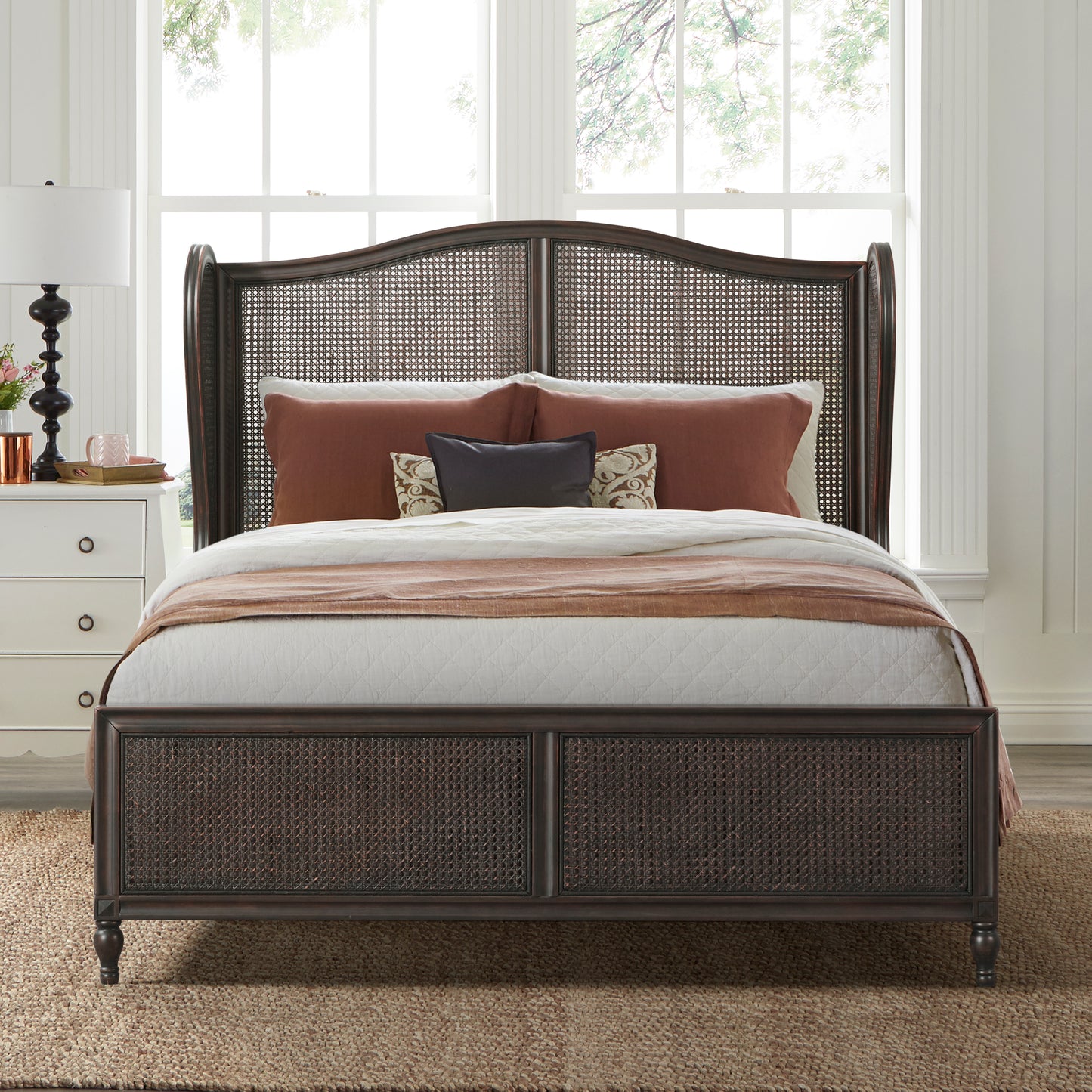 Hillsdale Furniture Sausalito Wood and Cane Queen Bed, Oiled Bronze