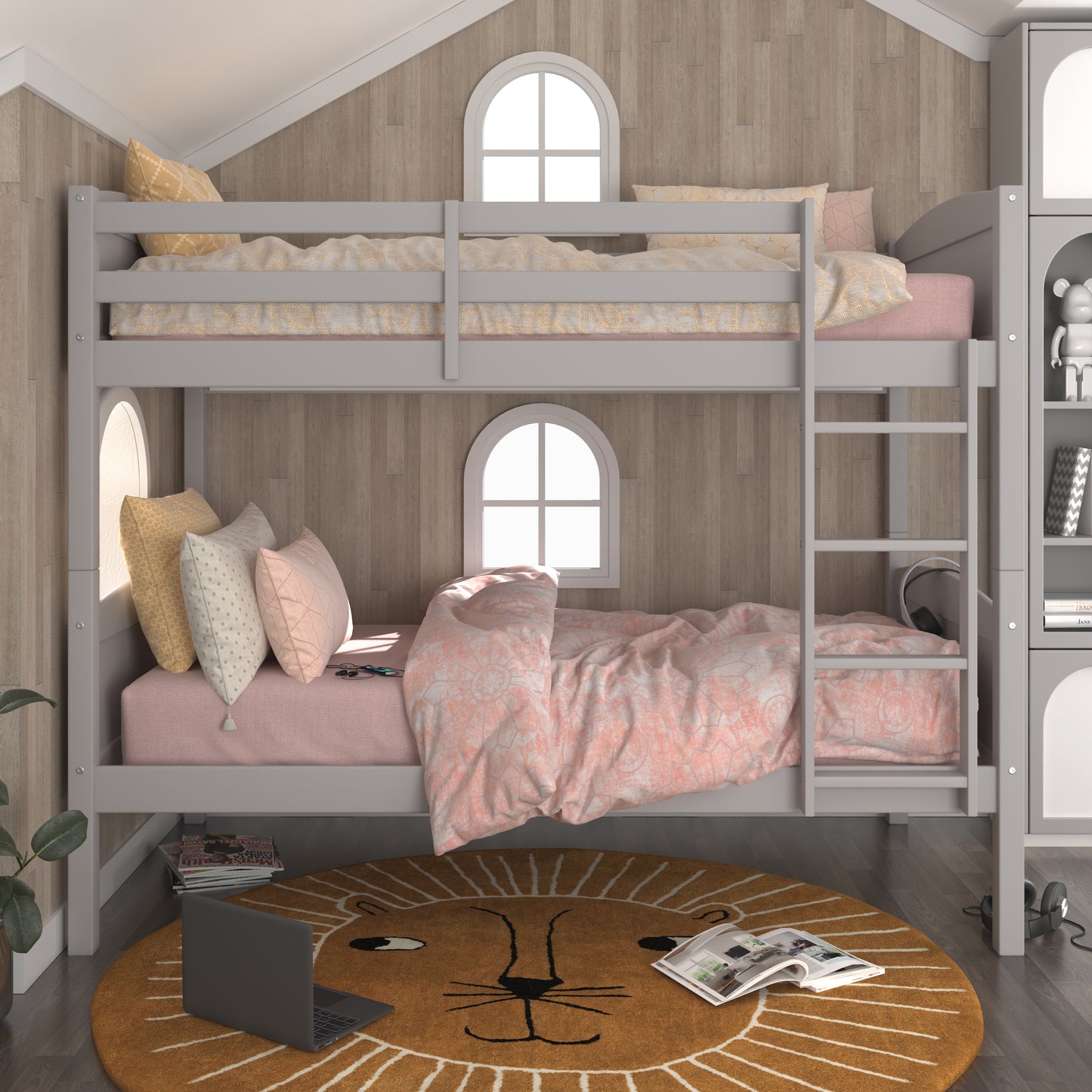 Living Essentials by Hillsdale Alexis Wood Arch Twin Over Twin Bunk Bed, Gray