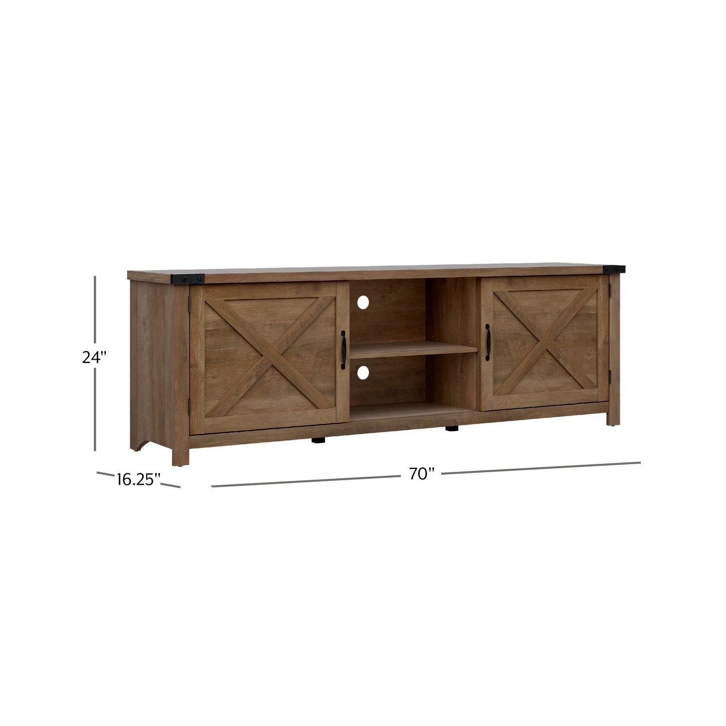 Living Essentials by Hillsdale Latvia Gaming Ready Wood 70 inch TV Stand with "X" Back Doors and Shelves, Knotty Oak