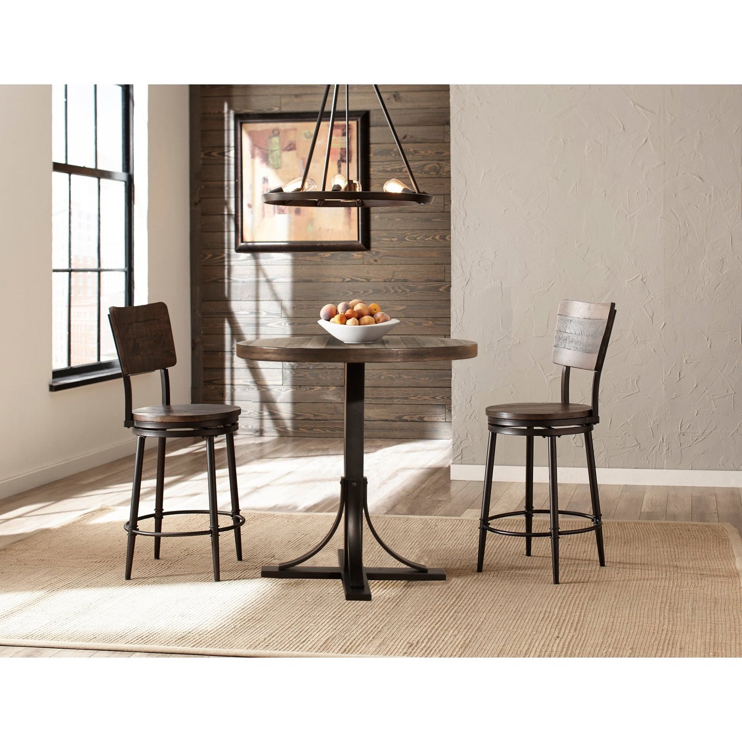 Jennings 3 Piece Counter Height Dining Set with Metal Pedestal Base and Panel Back Swivel Counter Stools, Distressed Walnut