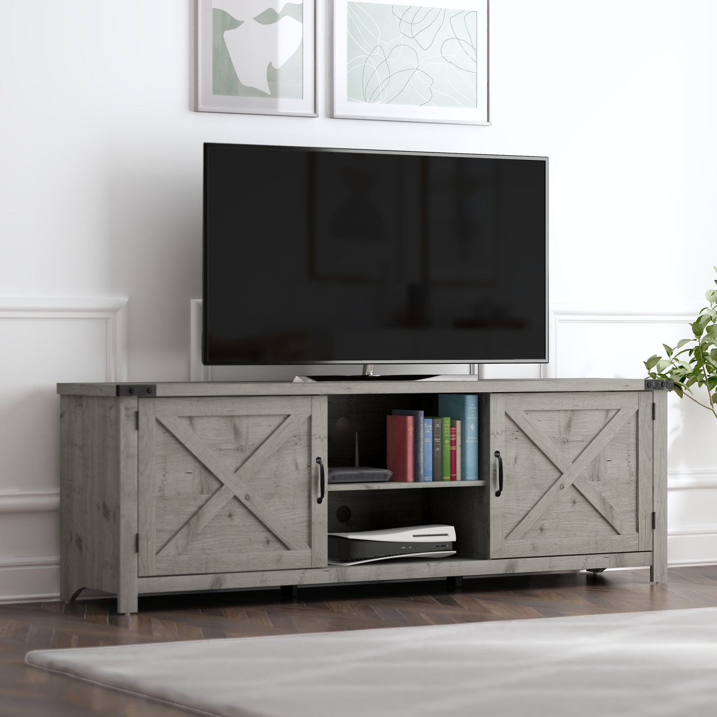 Living Essentials by Hillsdale Latvia Gaming Ready Wood 70 inch TV Stand with "X" Back Doors and Shelves, Rustic Gray