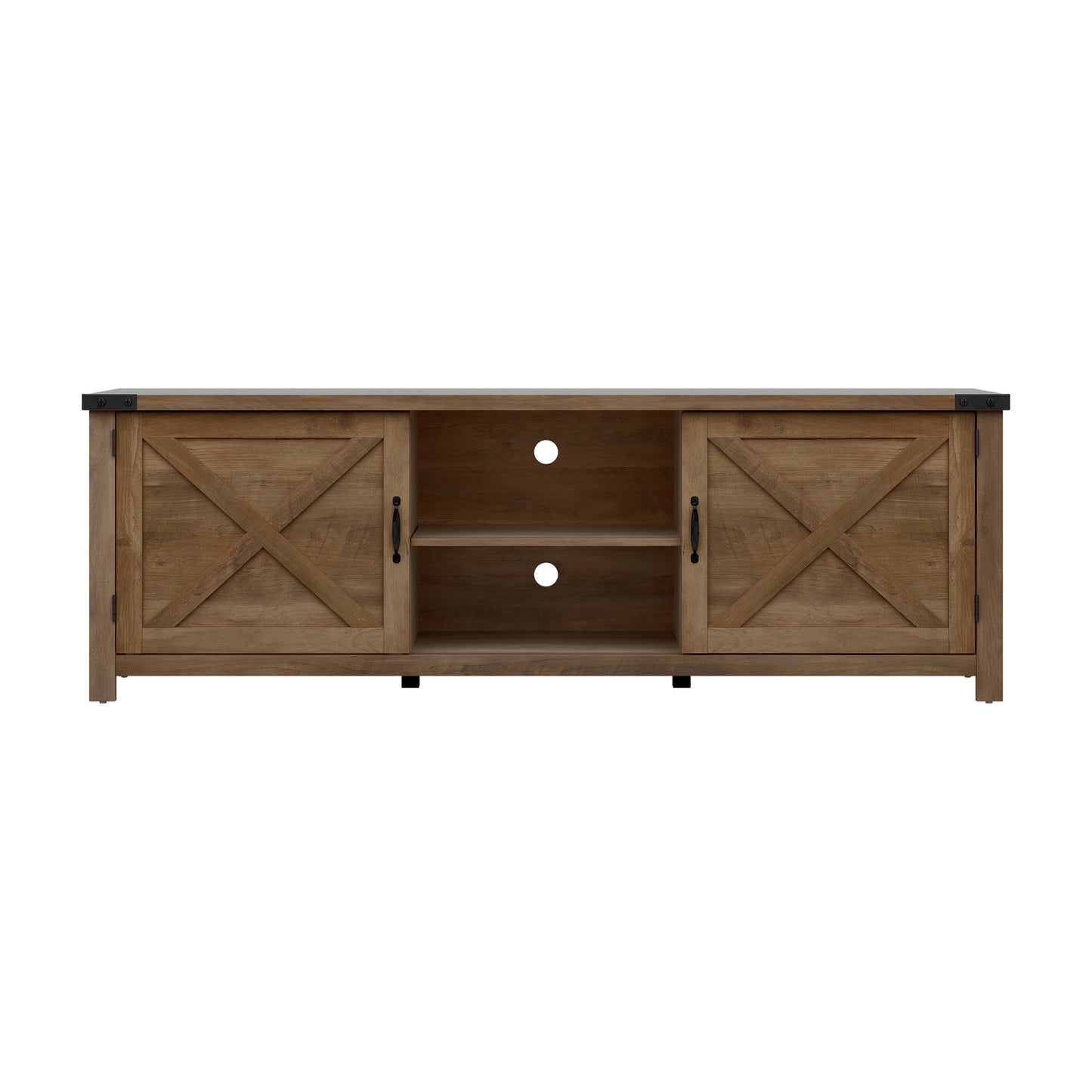 Living Essentials by Hillsdale Latvia Gaming Ready Wood 70 inch TV Stand with "X" Back Doors and Shelves, Knotty Oak