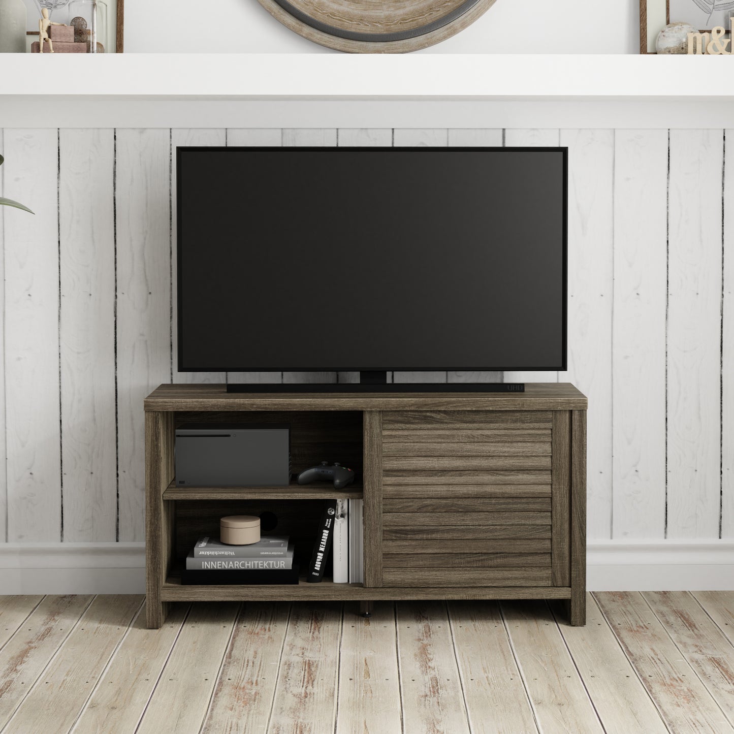 Living Essentials by Hillsdale Handerson 47 Inch Wood Entertainment Console, Dark Oak Finish