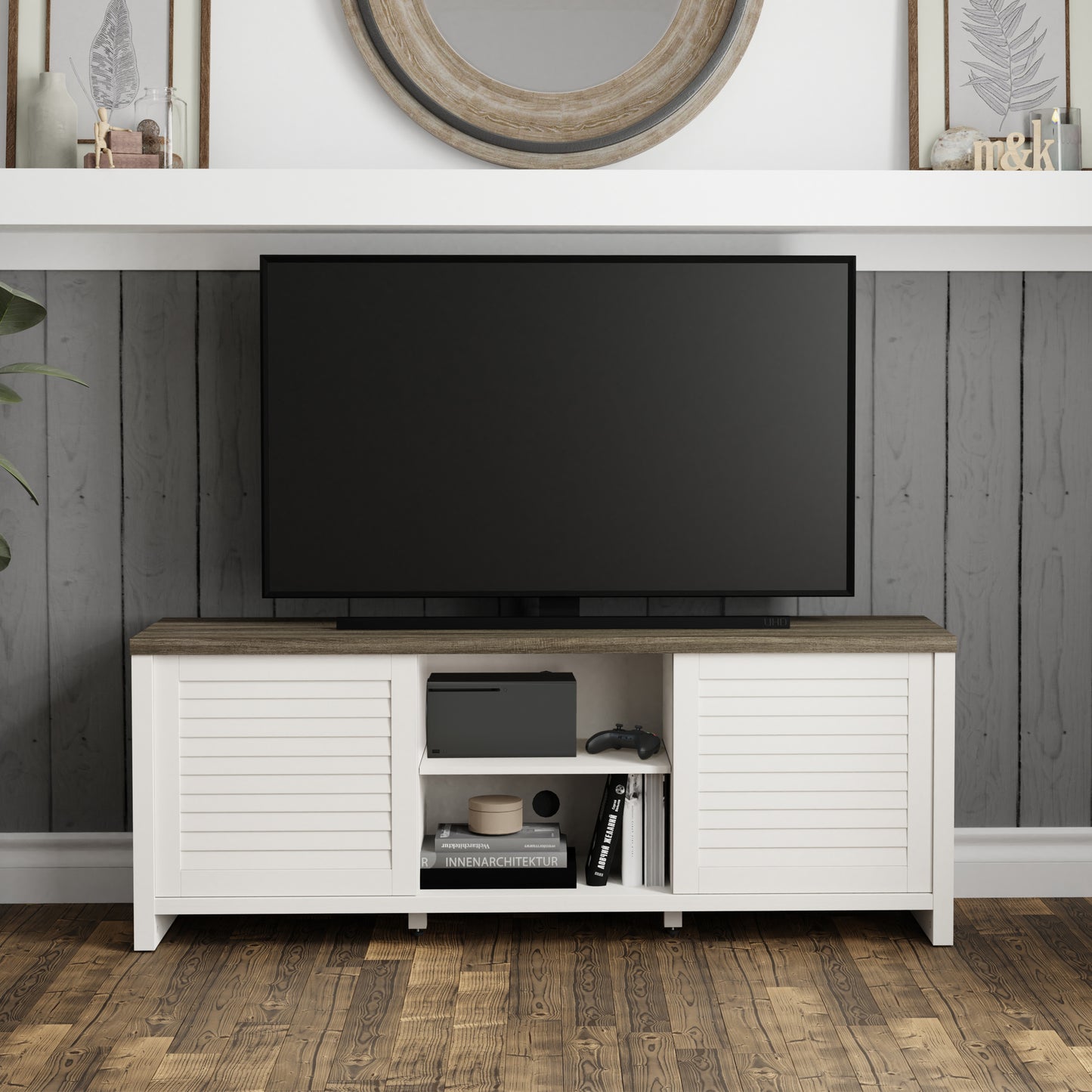 Living Essentials by Hillsdale Handerson 64 Inch Wood Entertainment Console, White with Dark Oak Finish Top