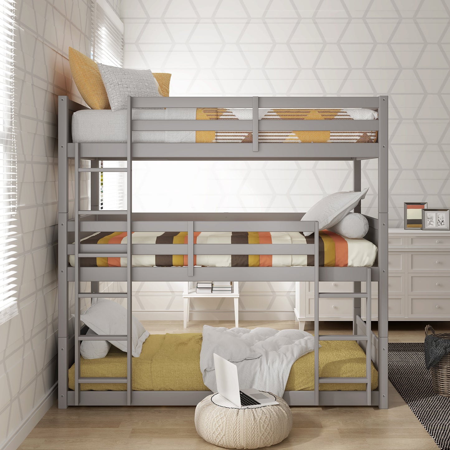 Living Essentials by Hillsdale Capri Wood Triple Bunk Bed, Gray