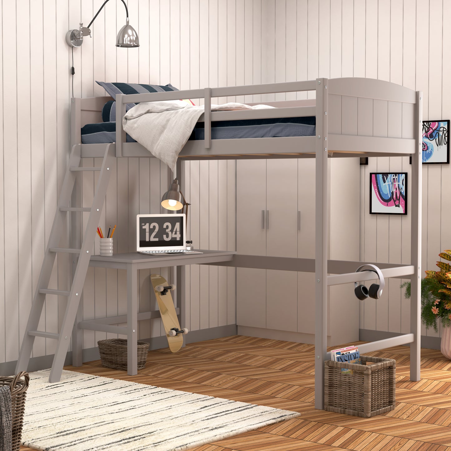 Living Essentials by Hillsdale Alexis Wood Arch Twin Loft Bed with Desk, Gray