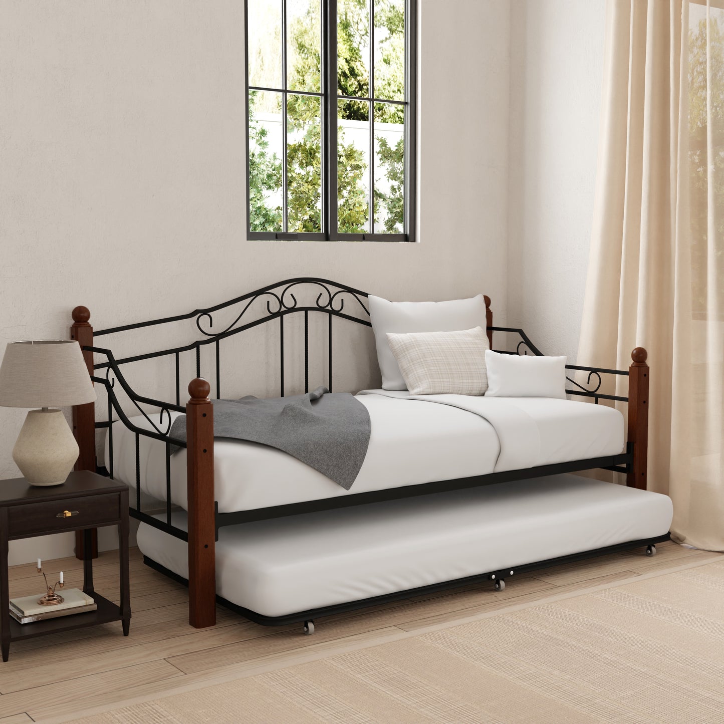 Hillsdale Furniture Madison Wood and Metal Twin Daybed with Roll Out Trundle, Black with Cherry Posts