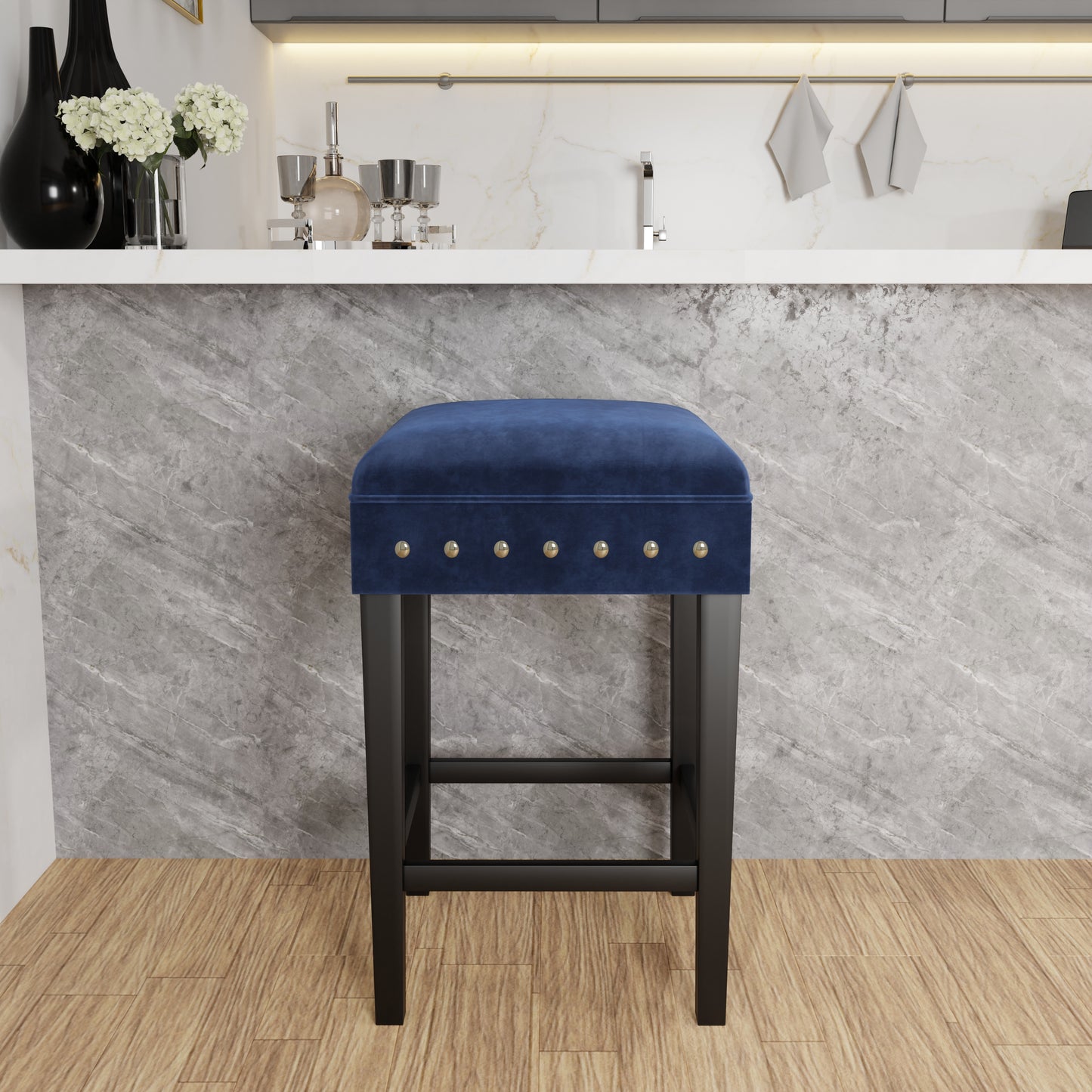 Hillsdale Furniture Cassidy Wood and Upholstered Backless Counter Height Stool, Black with Blue Velvet