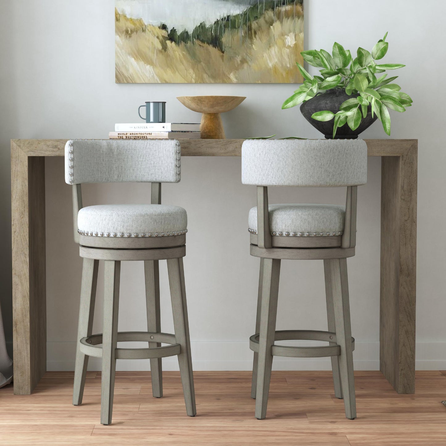 Hillsdale Furniture Lawton Wood Bar Height Swivel Stool, Antique Gray with Ash Gray Fabric