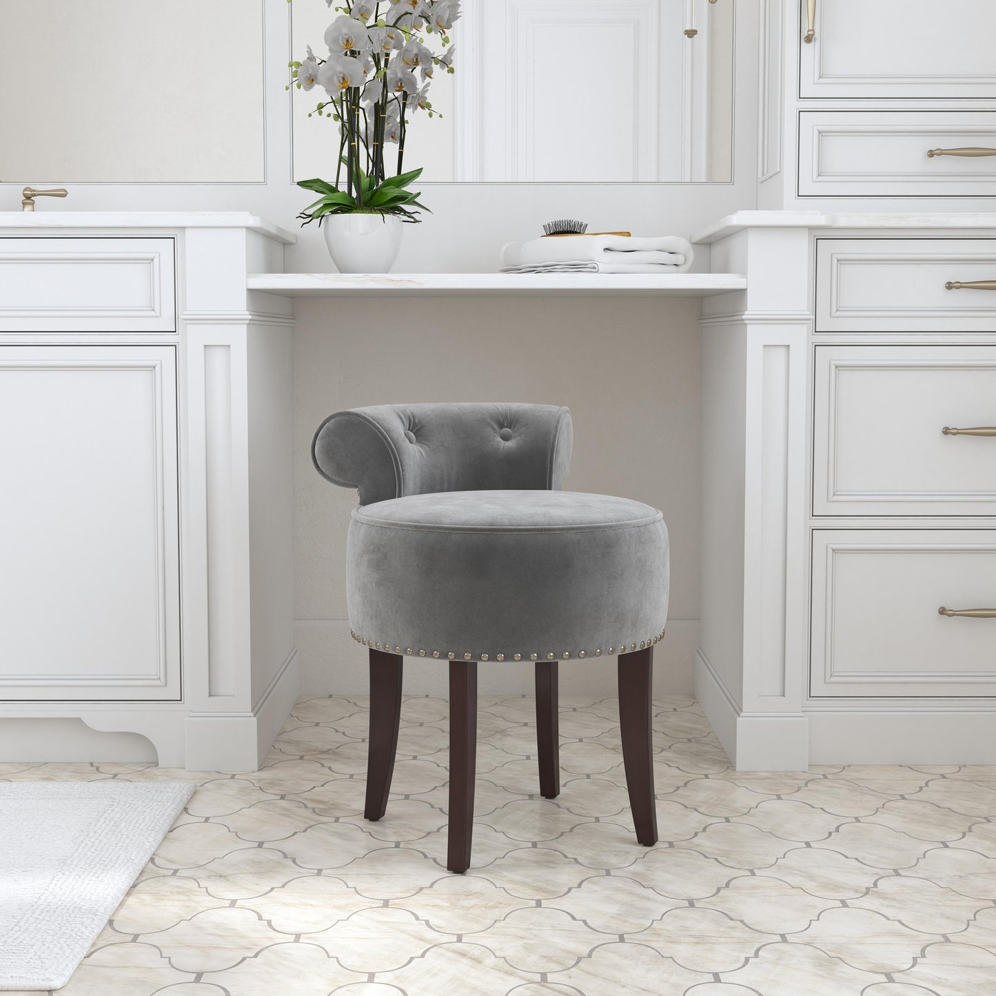 Hillsdale Furniture Lena Wood and Upholstered Vanity Stool, Espresso with Steel Gray Velvet