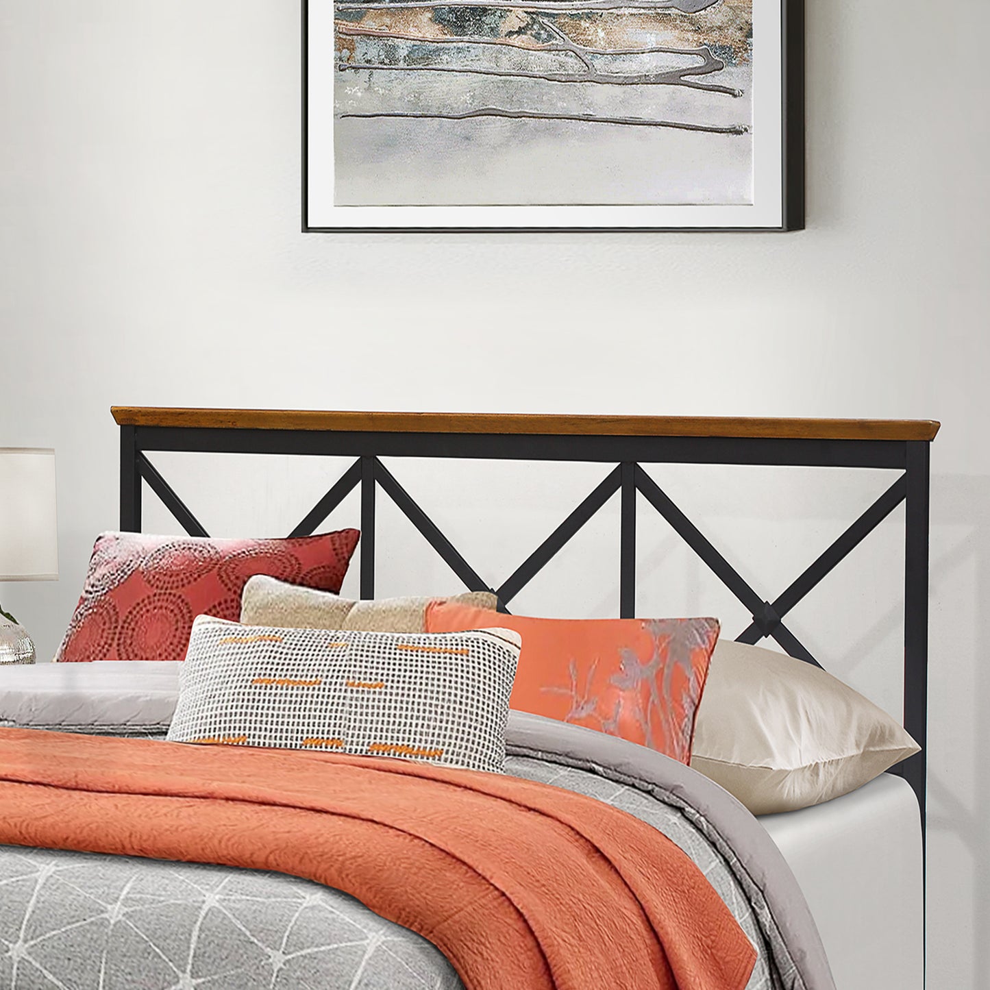 Hillsdale Furniture Ashford Metal Full/Queen Headboard, Textured Black with Oak Finished Wood