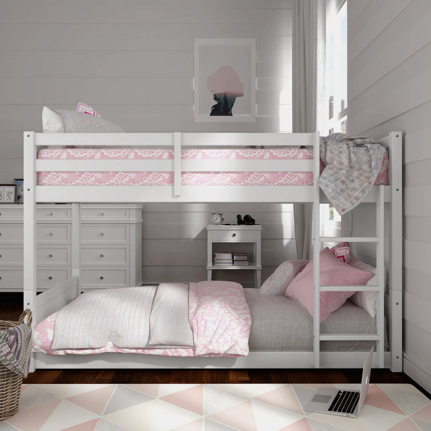 Living Essentials by Hillsdale Capri Wood Twin Over Twin Floor Bunk Bed, White