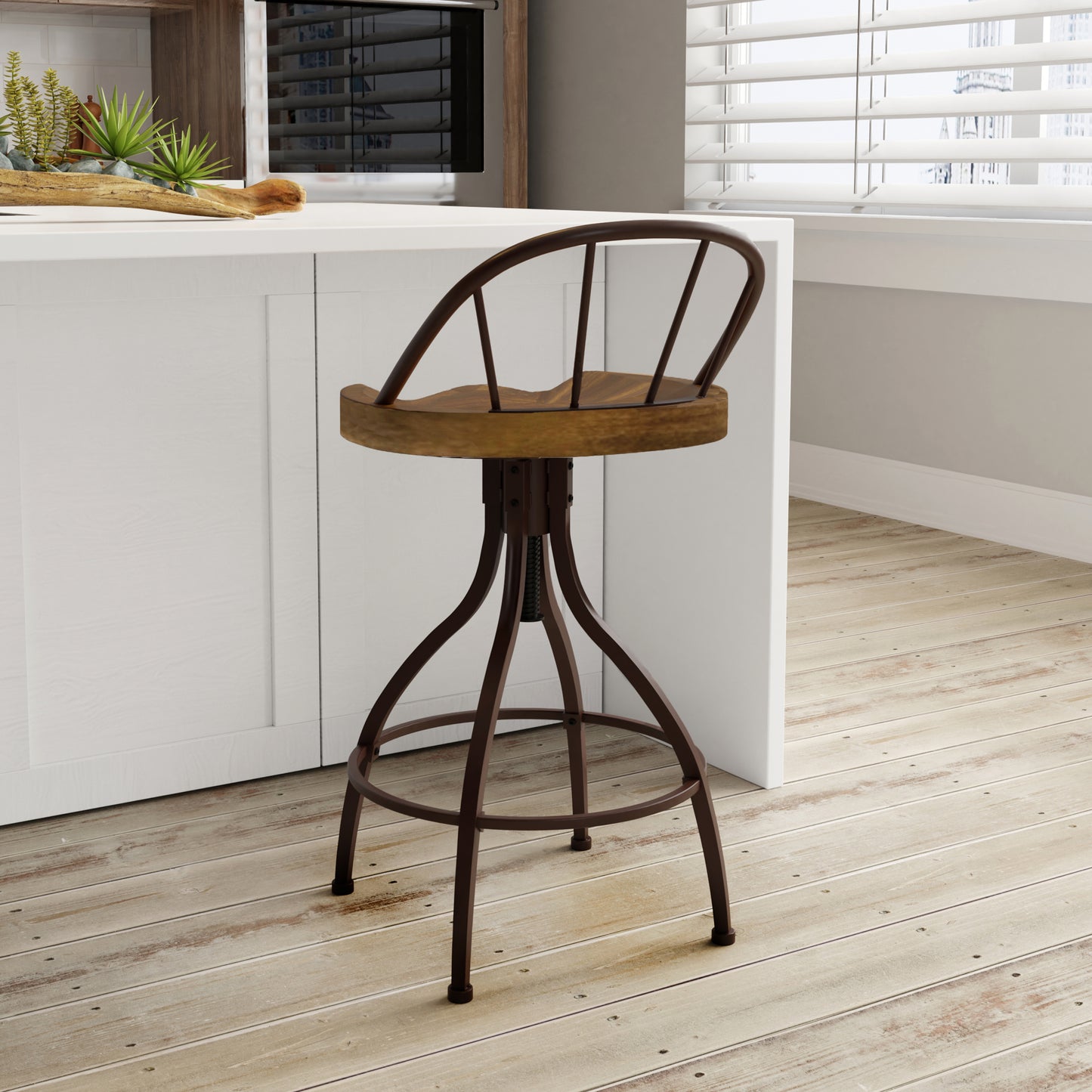 Hillsdale Furniture Worland Metal Adjustable Height Swivel Stool with Back, Brown Metal with Walnut Finished Wood