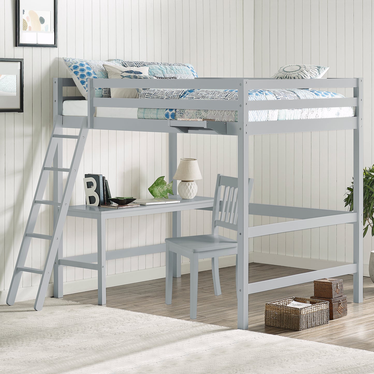 Hillsdale Kids and Teen Caspian Full Loft Bed with Chair and Hanging Nightstand, Gray