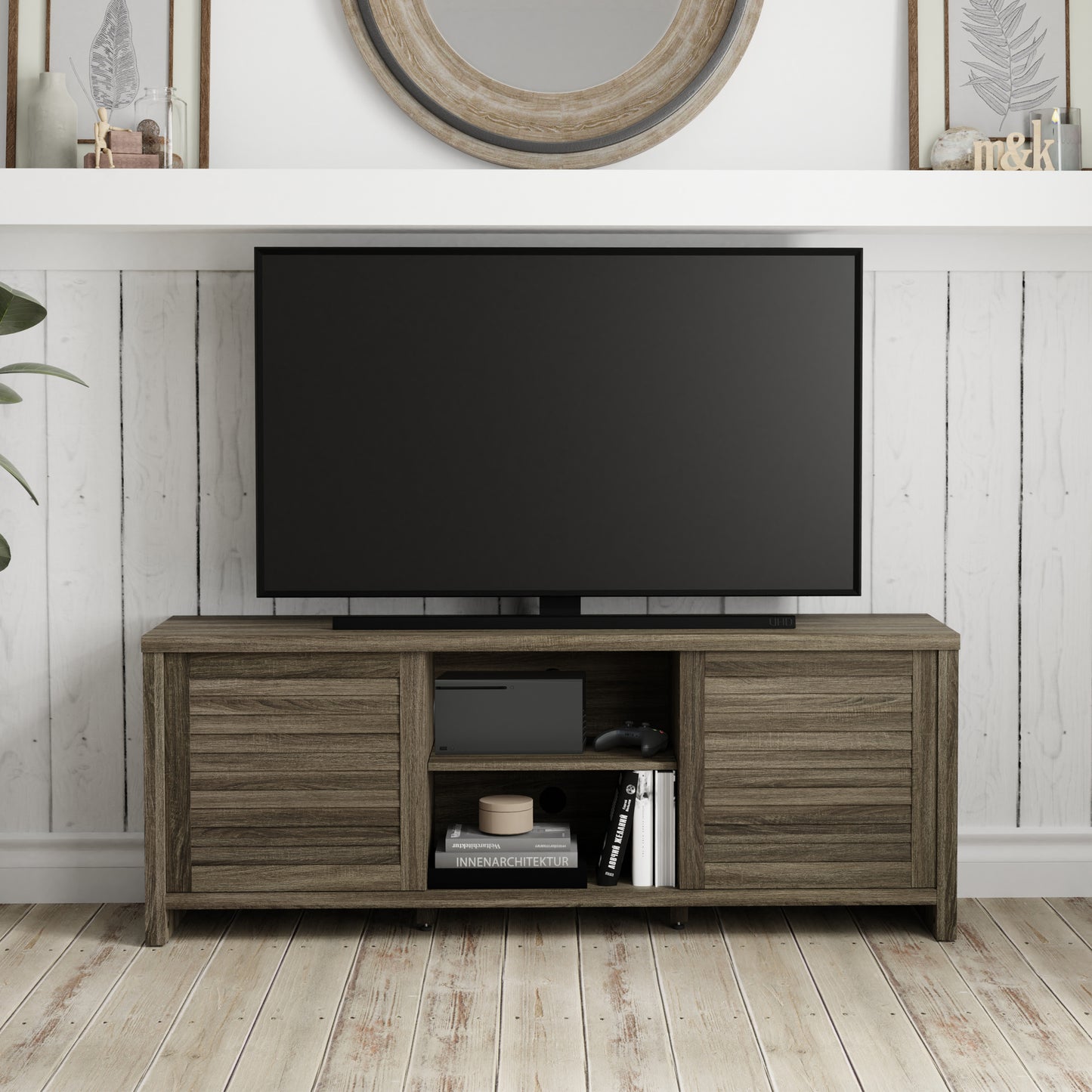 Living Essentials by Hillsdale Handerson 64 Inch Wood Entertainment Console, Dark Oak Finish