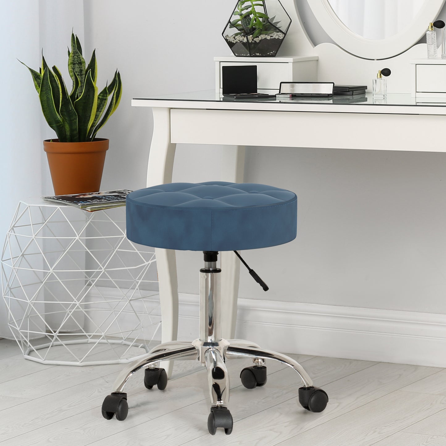 Hillsdale Furniture Nora Metal Adjustable Backless Vanity/Office Stool, Chrome with Chrome with Blue Velvet