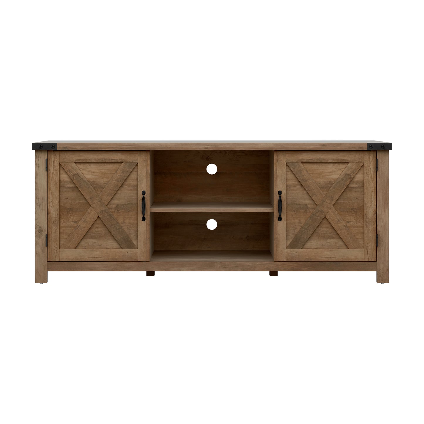 Living Essentials by Hillsdale Latvia Gaming Ready Wood 60 inch TV Stand with "X" Back Doors and Shelves, Knotty Oak