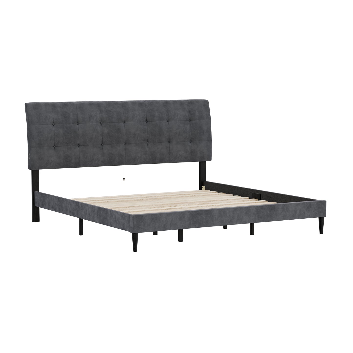 Hillsdale Furniture Blakely Button Tufted Upholstered Platform King Bed with 2 Dual USB Ports, Dark Gray