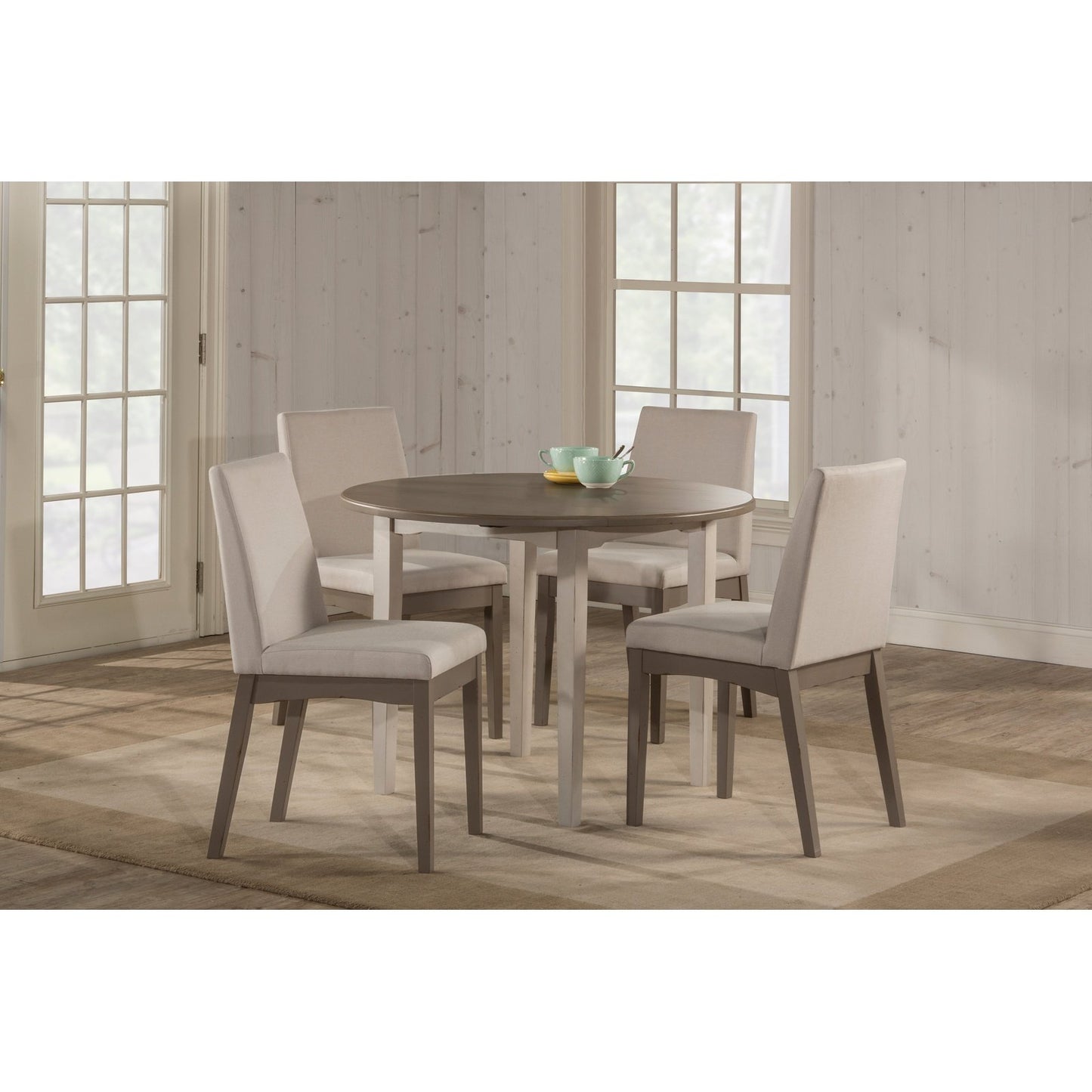 Hillsdale Furniture Clarion Wood 5 Piece Round Drop Leaf Dining with Upholstered Chairs, Sea White