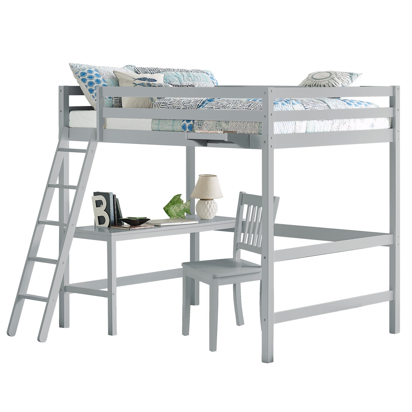 Hillsdale Kids and Teen Caspian Full Loft Bed with Chair and Hanging Nightstand, Gray