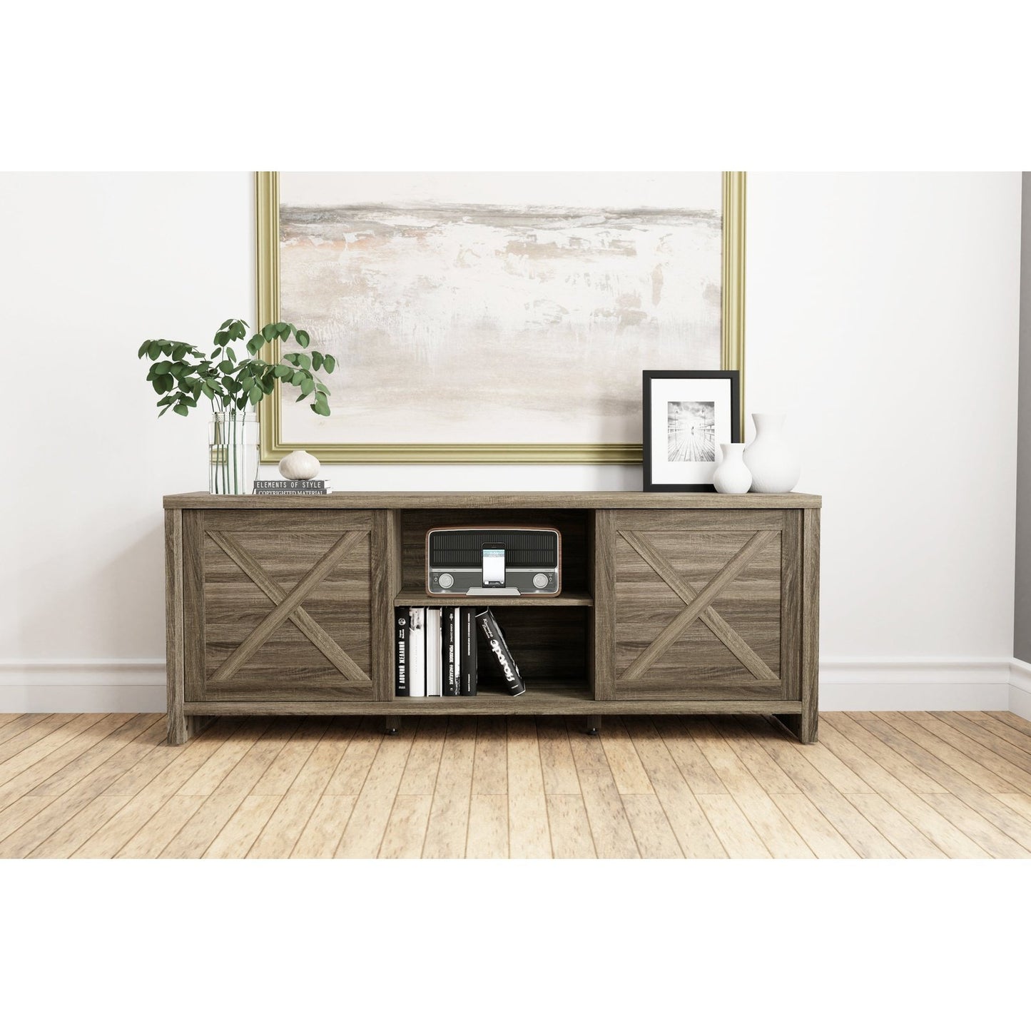 Living Essentials by Hillsdale Columbus 64 Inch Wood Entertainment Console, Dark Oak Finish