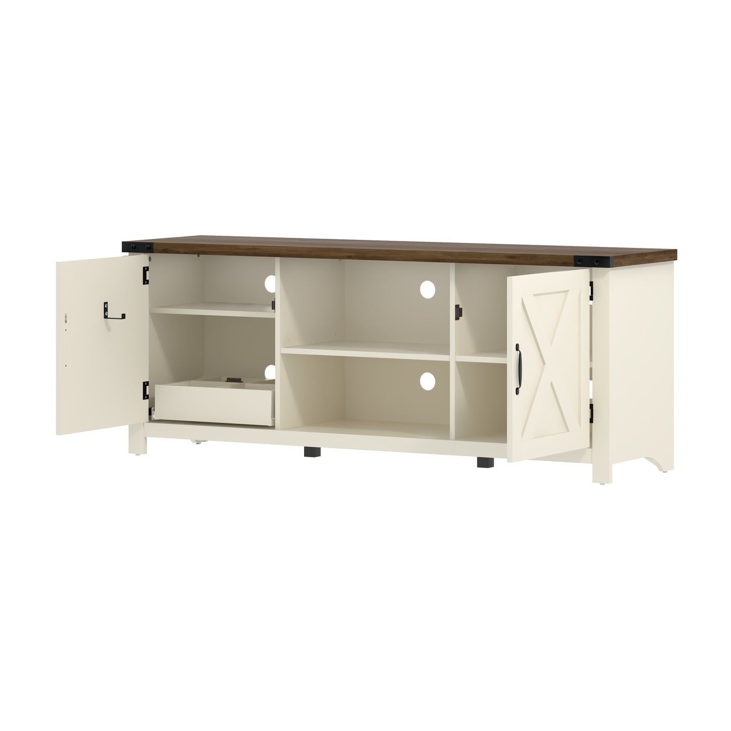 Living Essentials by Hillsdale Latvia Gaming Ready Wood 60 inch TV Stand with "X" Back Doors and Shelves, White with Knotty Oak Top