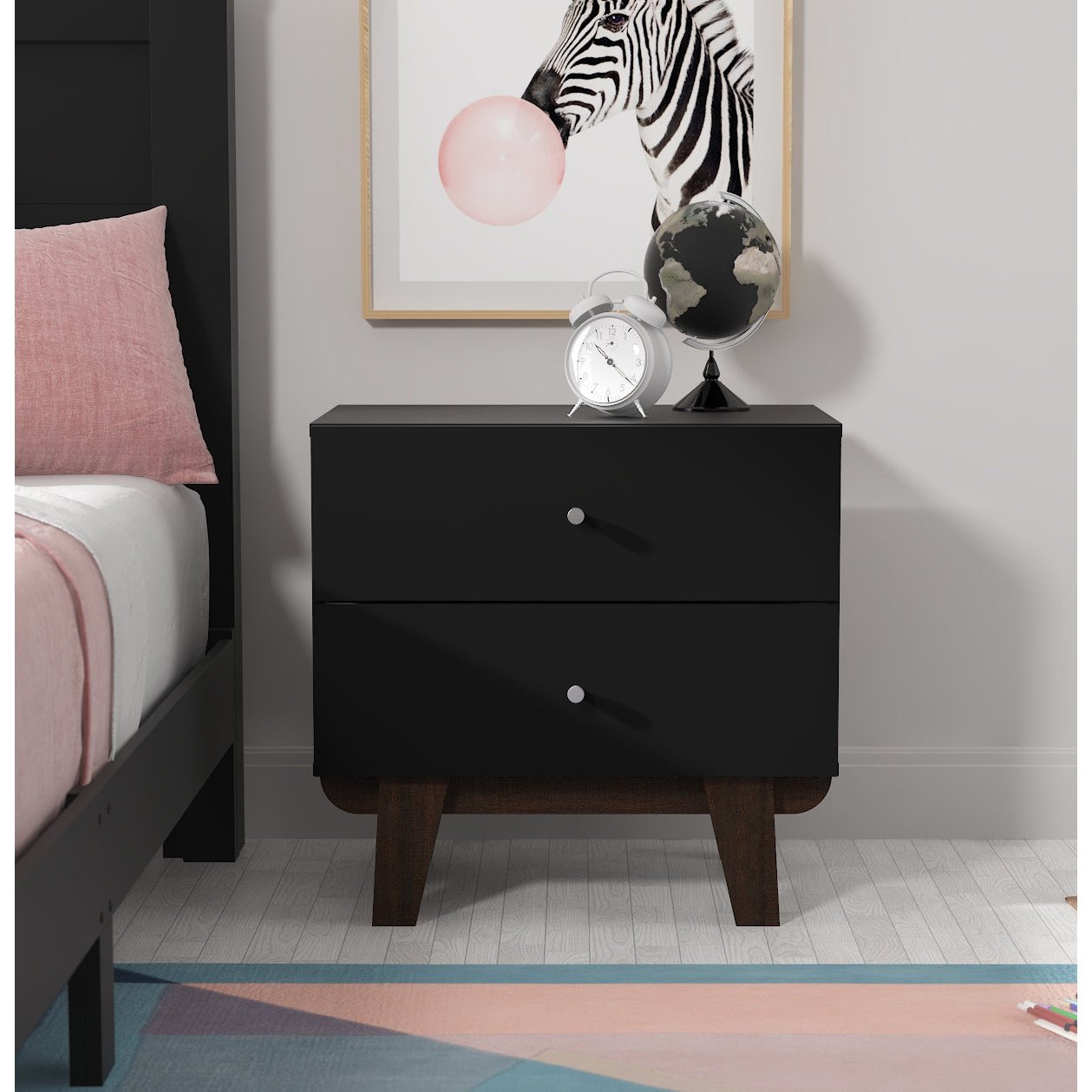 Living Essentials by Hillsdale Kincaid Wood 2 Drawer Nightstand, Matte Black