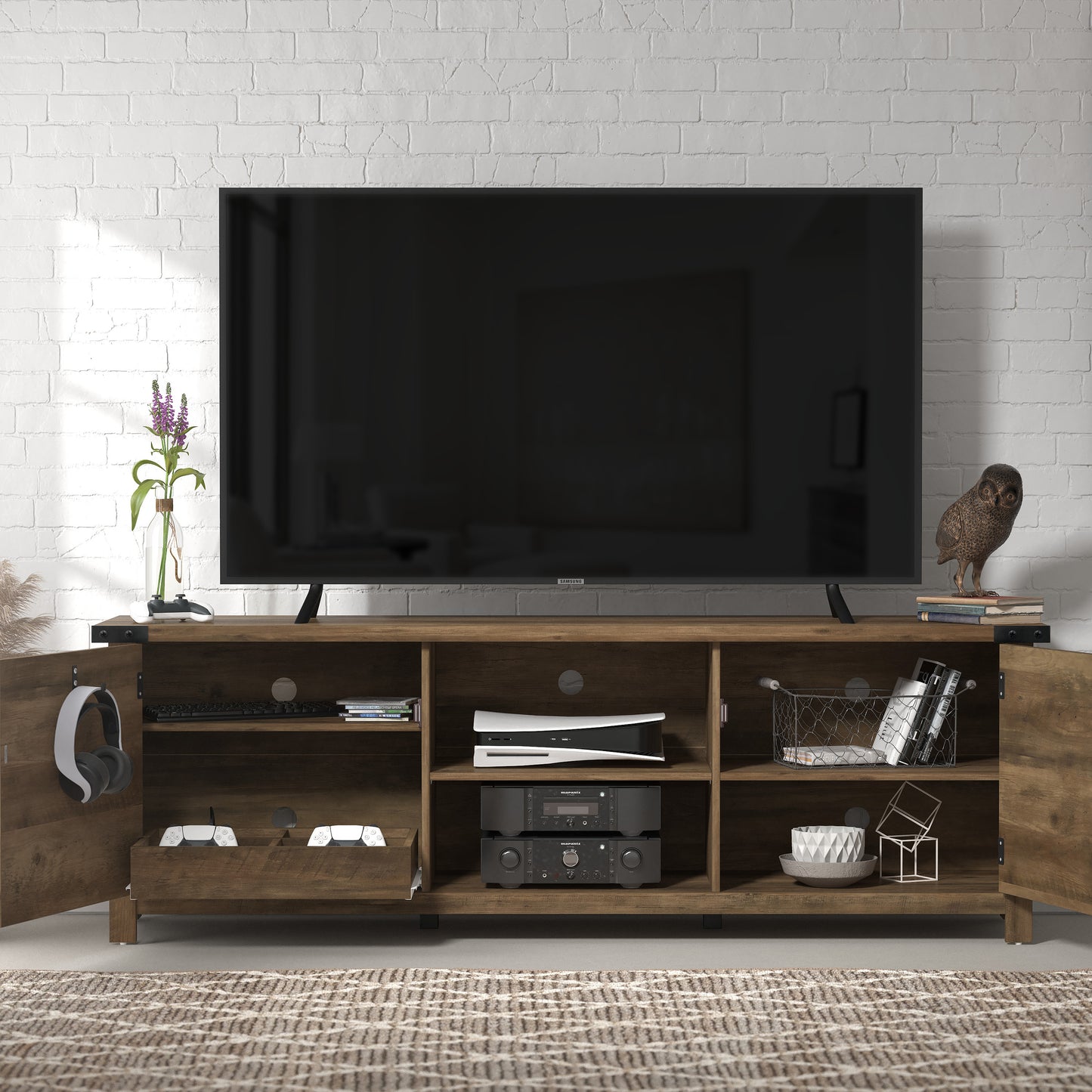 Living Essentials by Hillsdale Prestwick Gaming Ready Wood 70 inch TV Stand with 2 Doors and Shelves, Knotty Oak