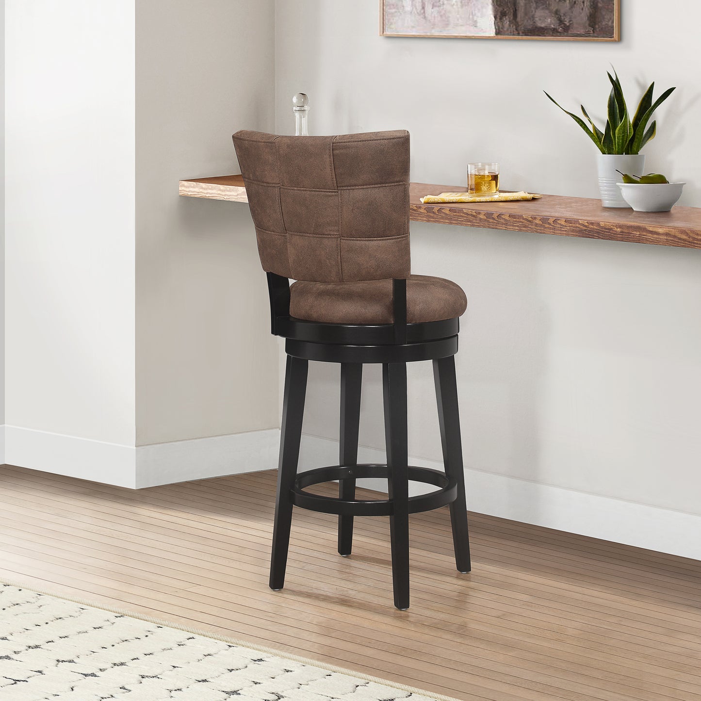 Hillsdale Furniture Kaede Wood and Upholstered Bar Height Swivel Stool, Black with Chestnut Faux Leather