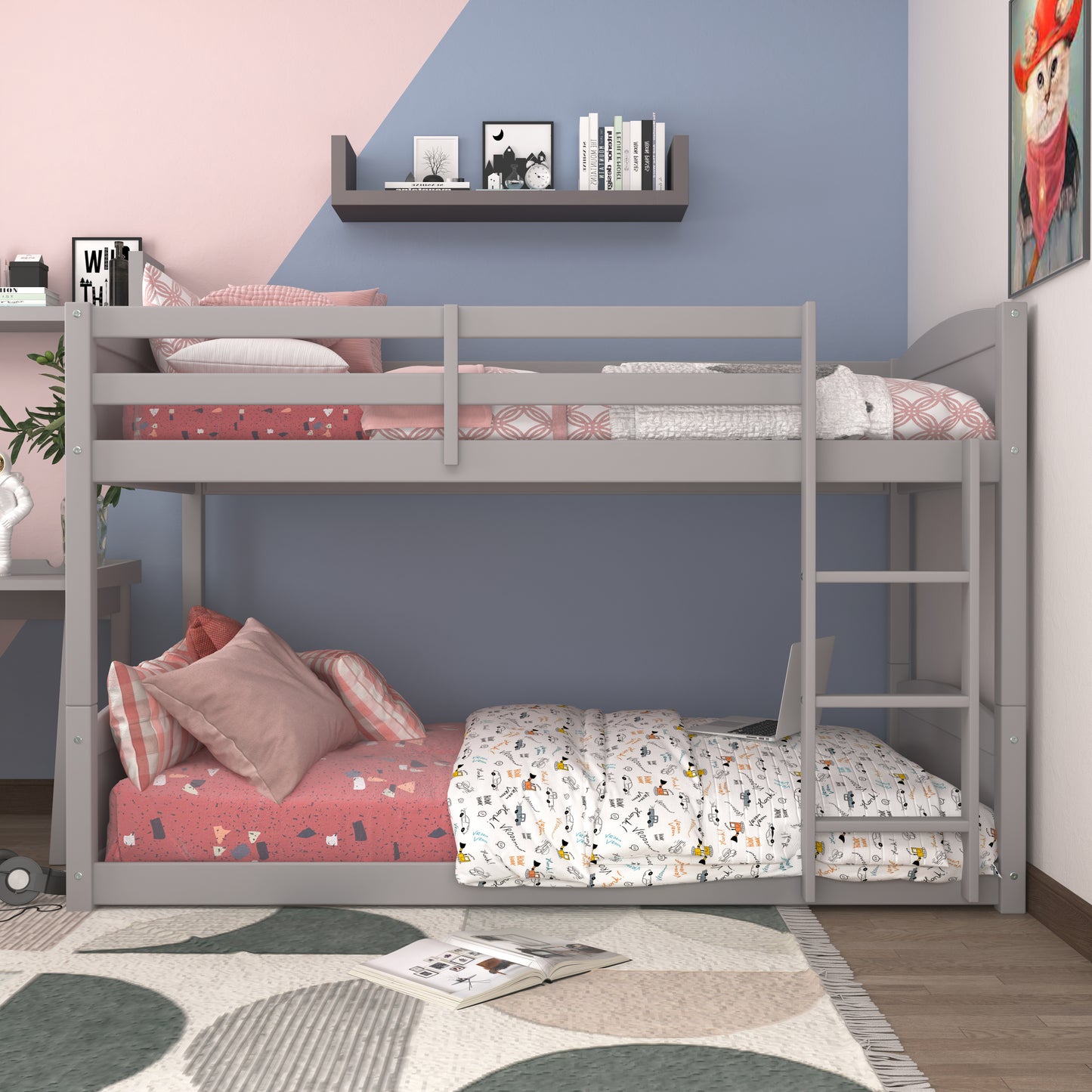 Living Essentials by Hillsdale Alexis Wood Arch Twin Over Twin Floor Bunk Bed, Gray