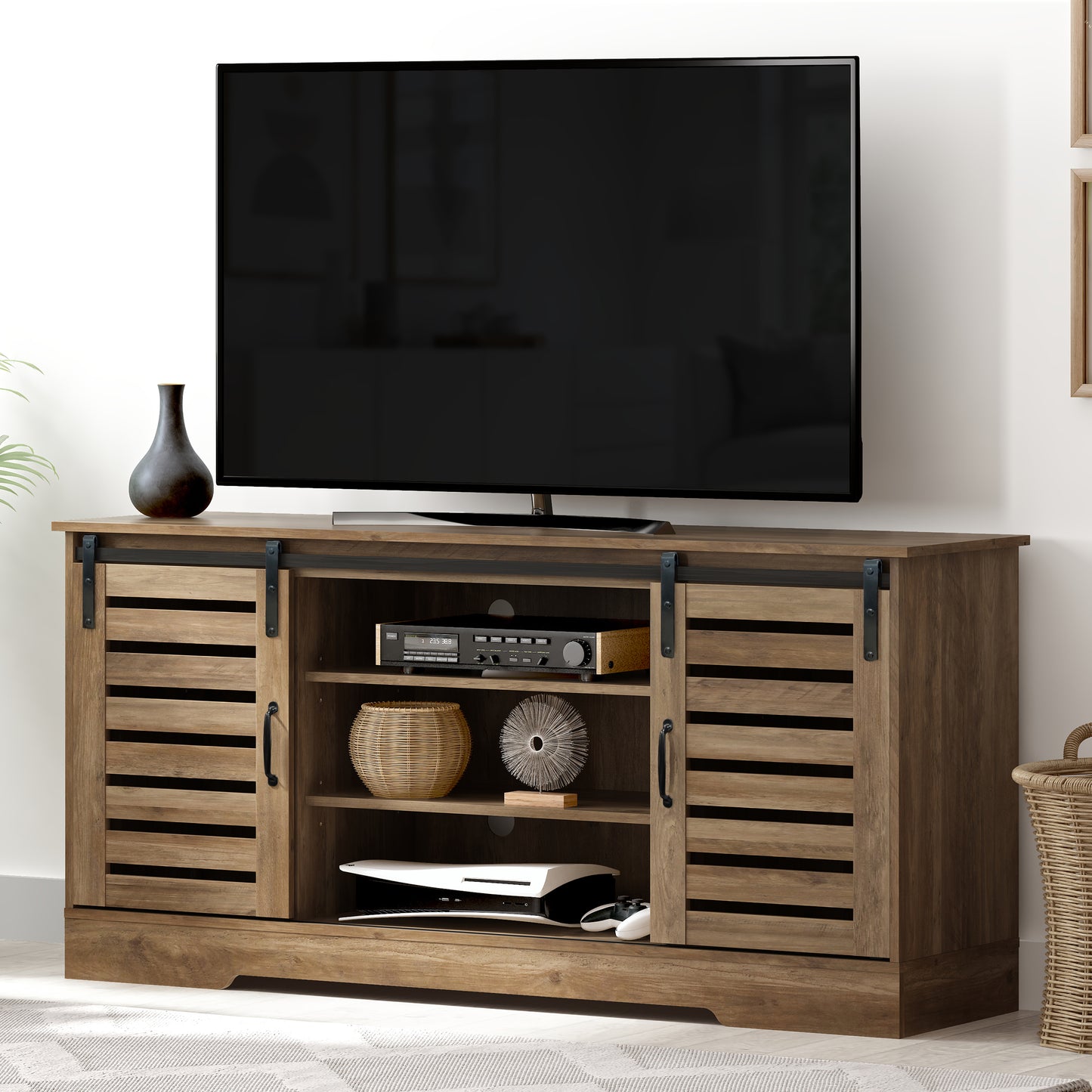 Living Essentials by Hillsdale Lucile Wood TV Stand with 2 Barn Doors and Removable Shelves, Knotty Oak