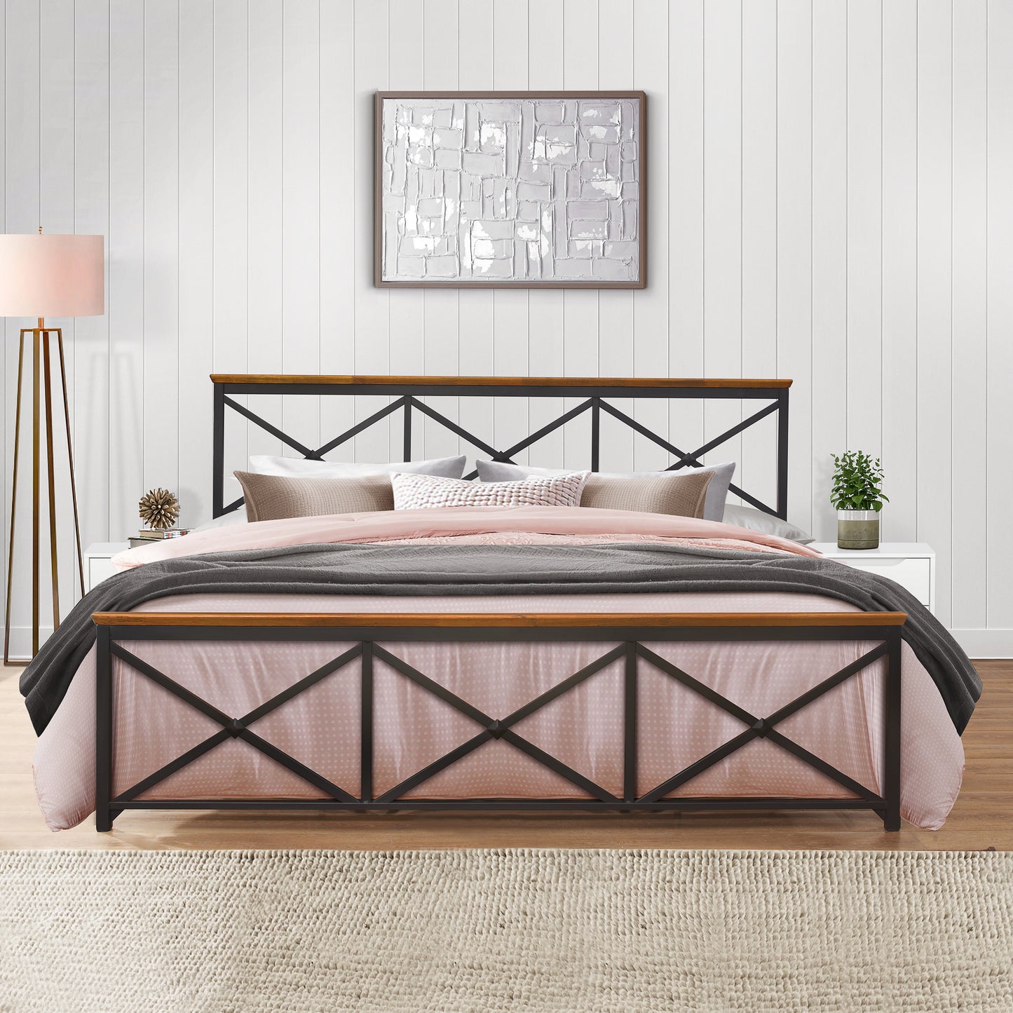 Hillsdale Furniture Ashford Metal King Bed with Wood Accent, Textured Black with Oak Finished Wood