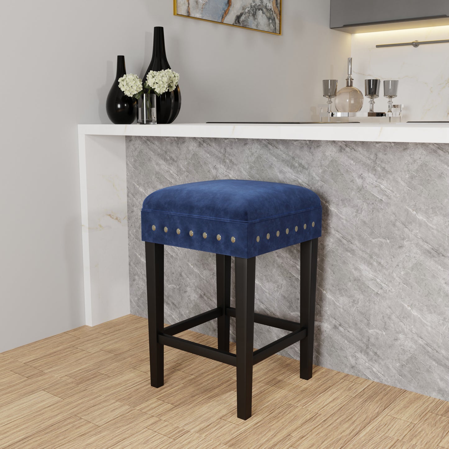 Hillsdale Furniture Cassidy Wood and Upholstered Backless Counter Height Stool, Black with Blue Velvet