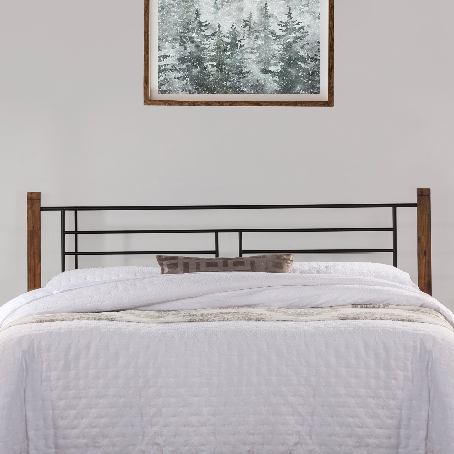 Hillsdale Furniture Raymond King Metal Headboard with Weathered Dark Brown Wood Posts, Textured Black