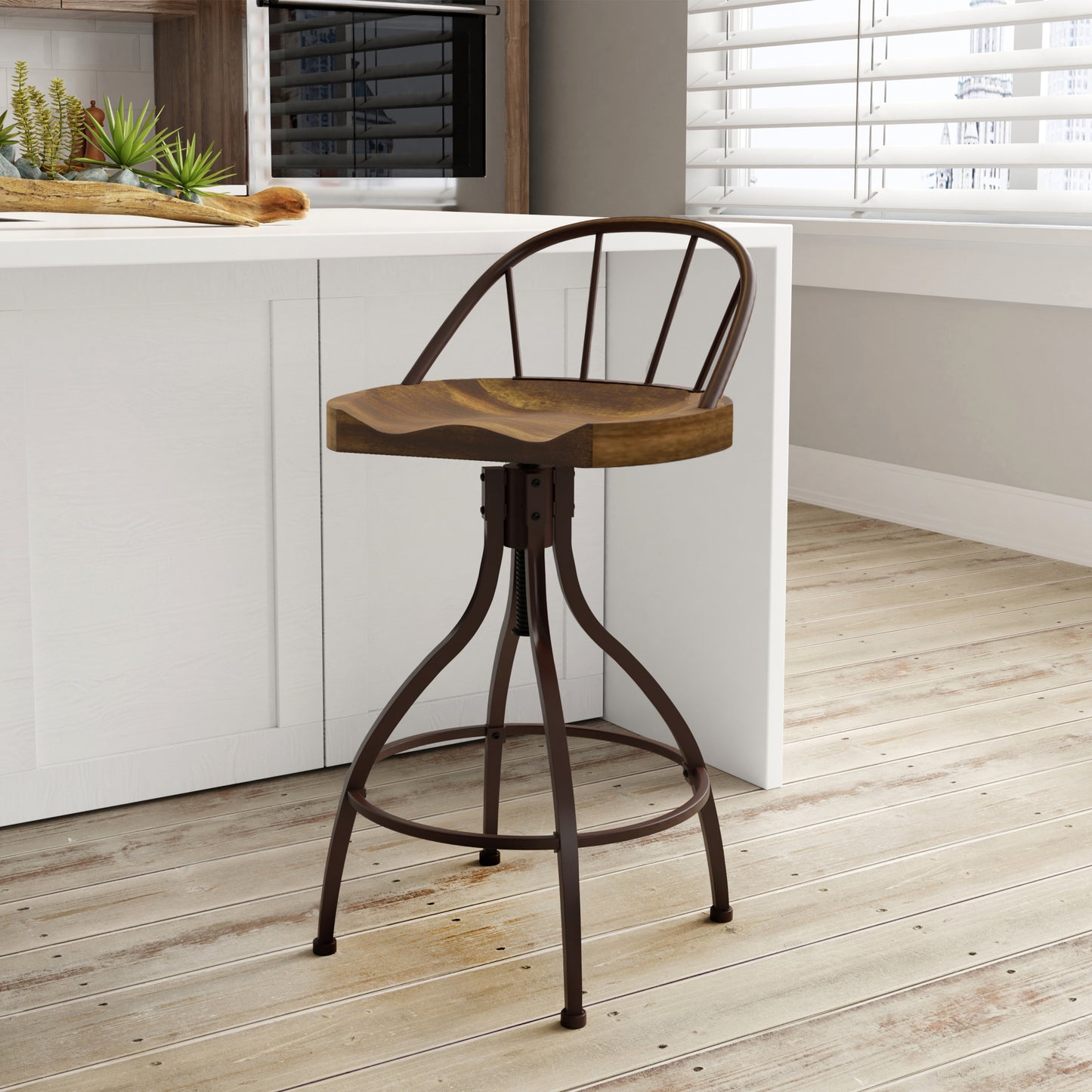 Hillsdale Furniture Worland Metal Adjustable Height Swivel Stool with Back, Brown Metal with Walnut Finished Wood