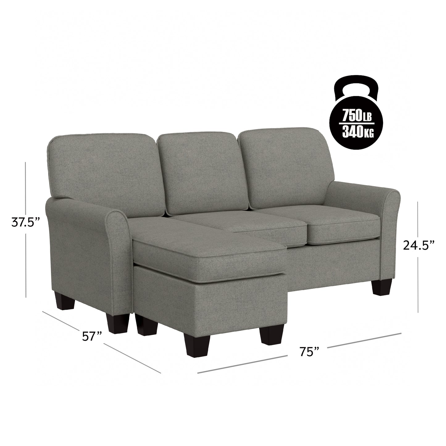 Hillsdale Furniture Upholstered Reversable Sectional Chaise, Gray